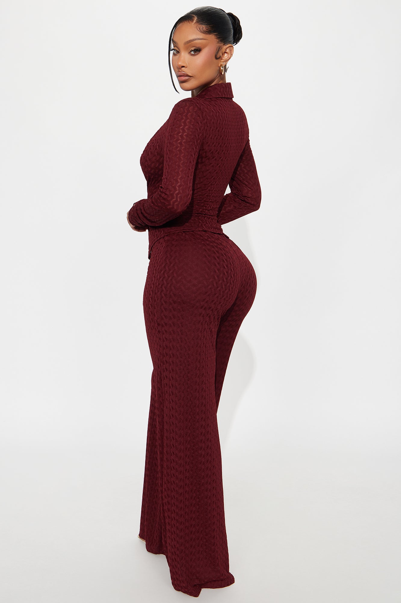 Taking It Back Textured Mesh Pant Set - Wine
