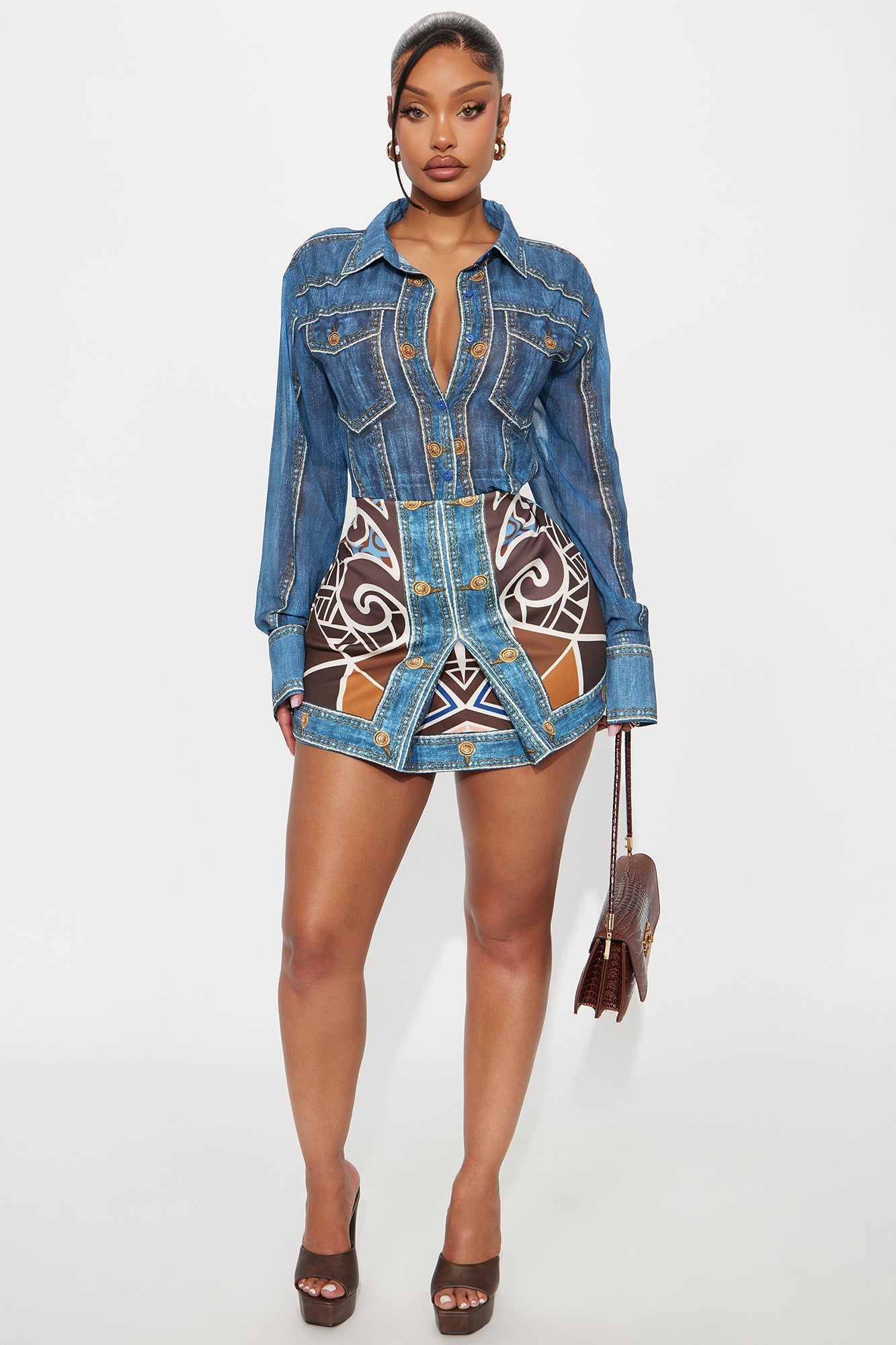 Dharva Denim Print Skirt Set - Blue/combo