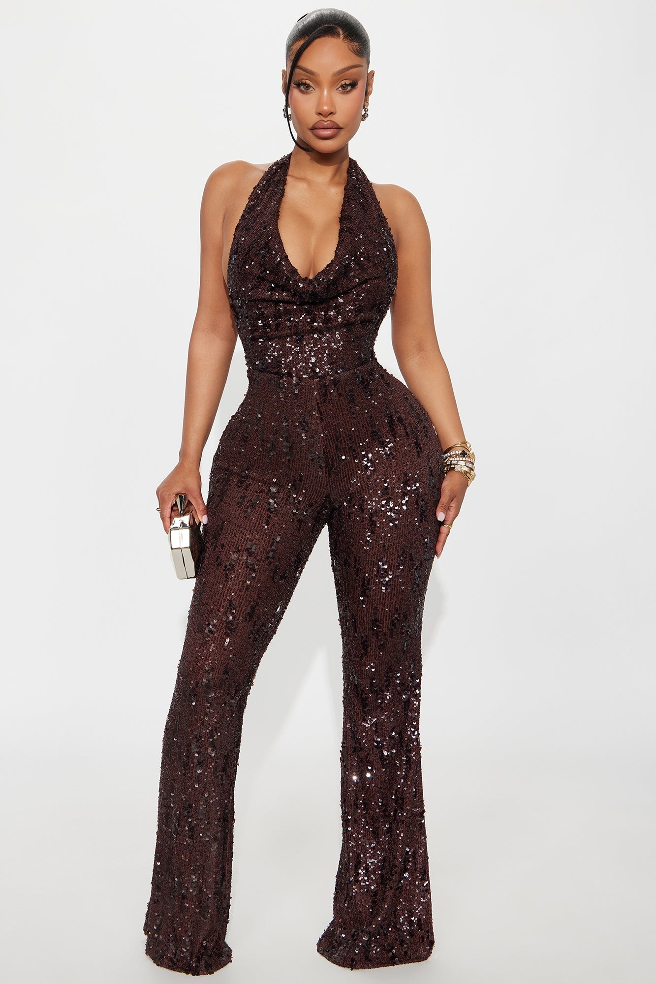 Astrid Backless Sequin Halter Jumpsuit - Chocolate