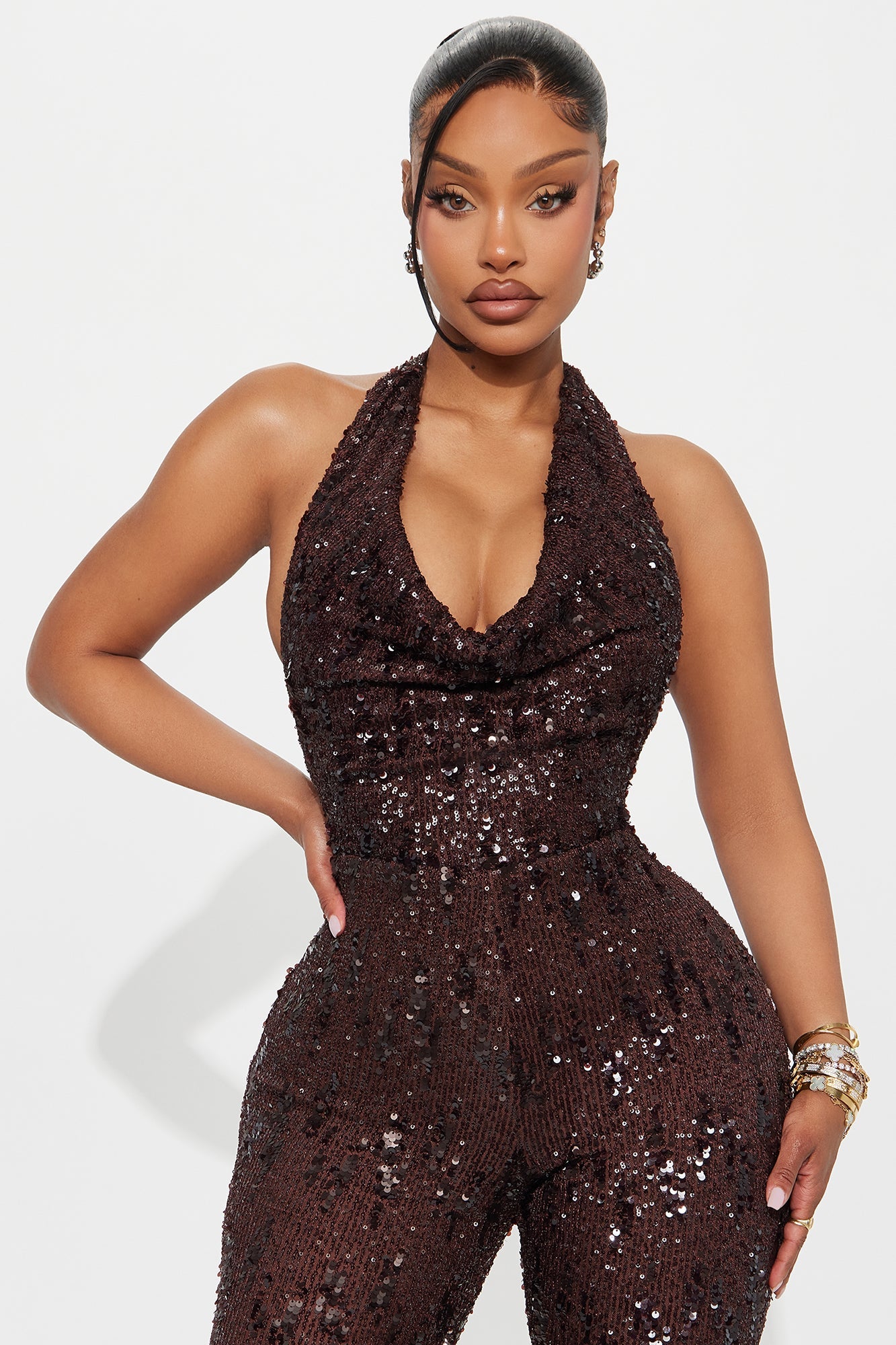Astrid Backless Sequin Halter Jumpsuit - Chocolate