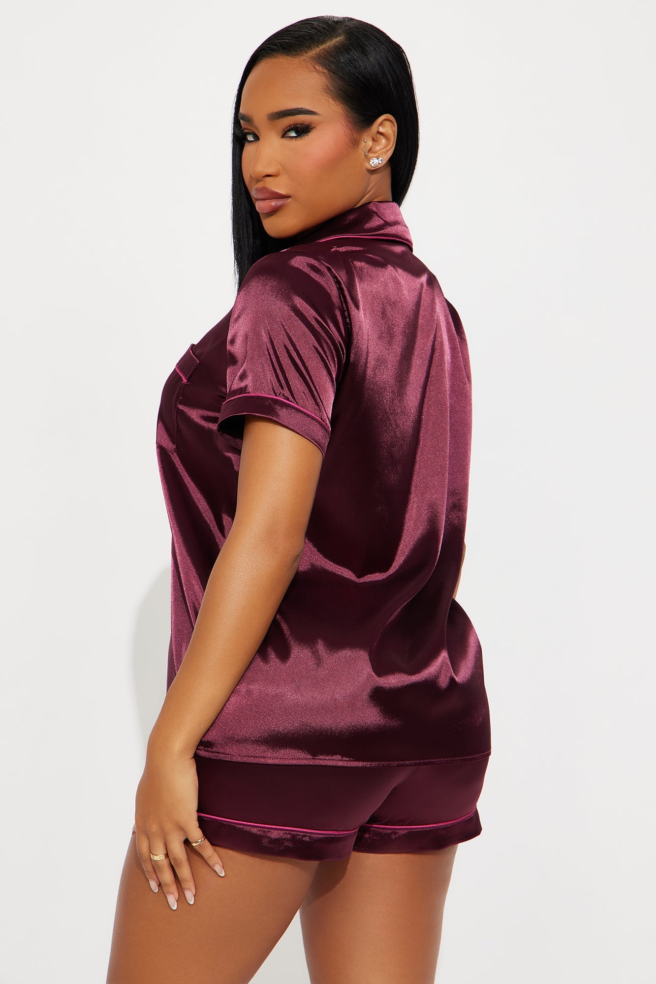 Bedtime Stretch Satin Short Sleeve PJ Short Set - Wine