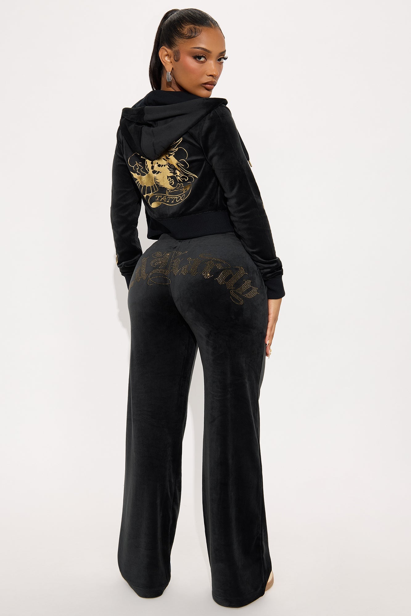 Ed Hardy Tattoo Gold Eagle Velour Pant Set - Black