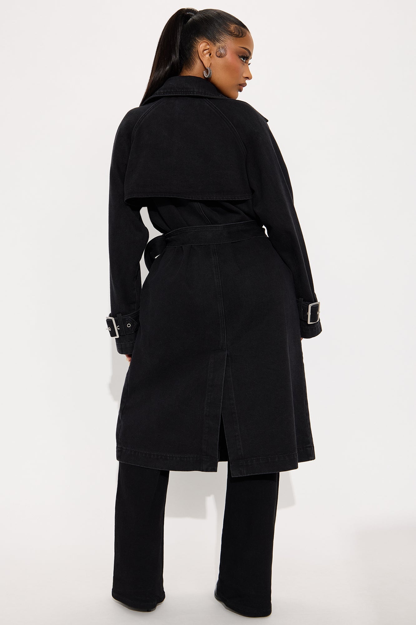 Denise Belted Denim Trench Coat - Black