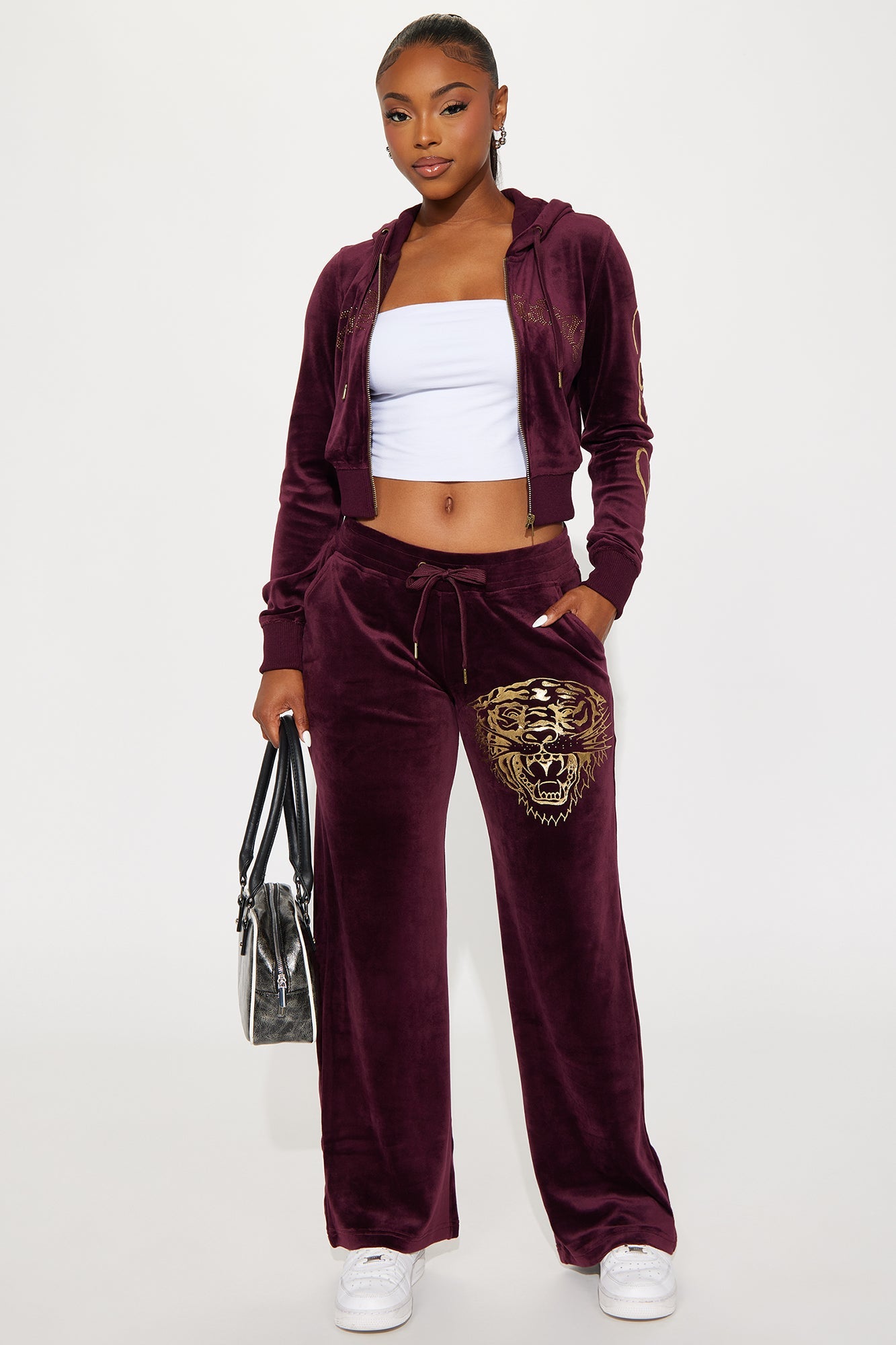 Ed Hardy Gold Tiger Velour Pant Set - Burgundy