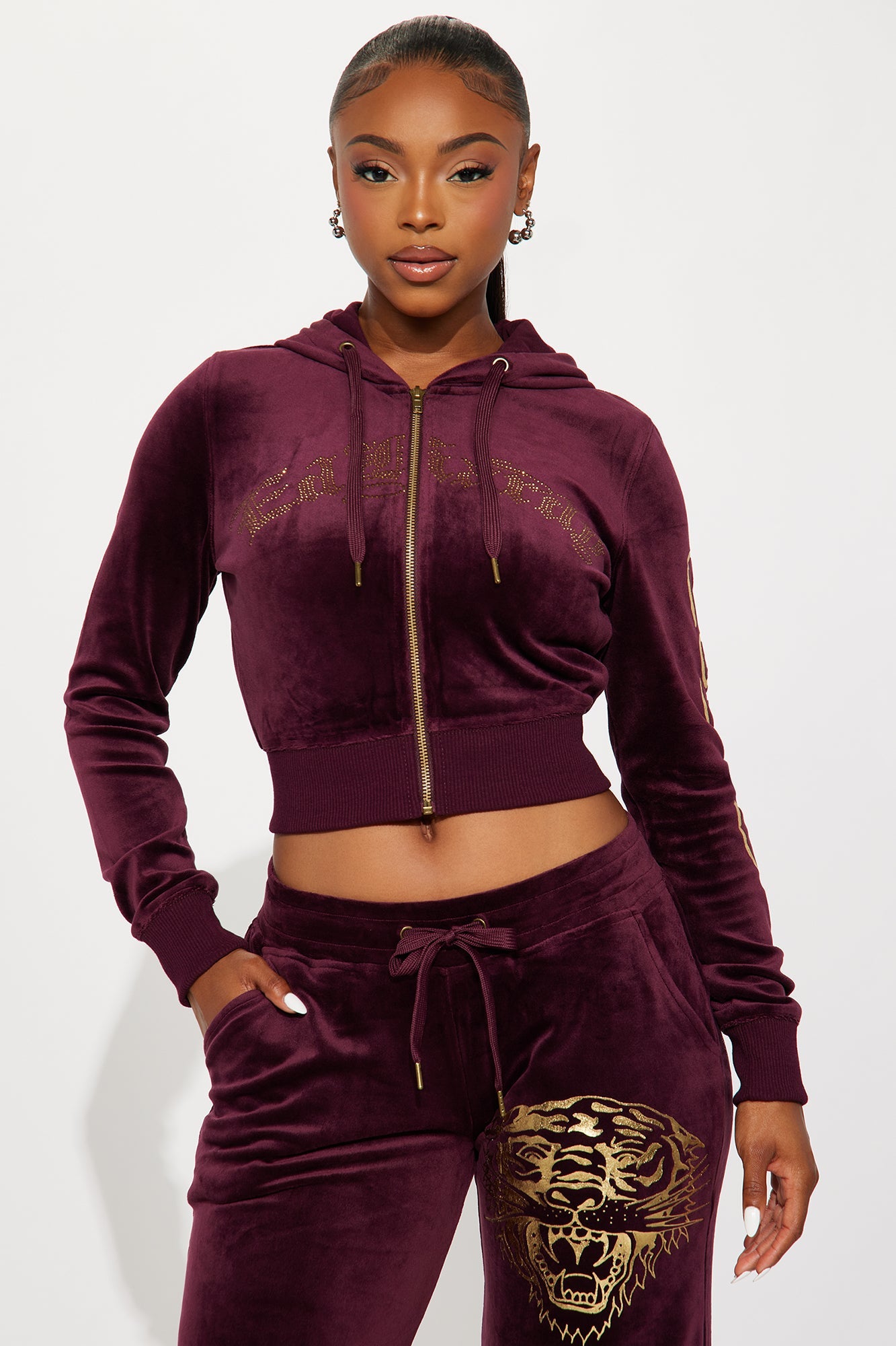 Ed Hardy Gold Tiger Velour Pant Set - Burgundy
