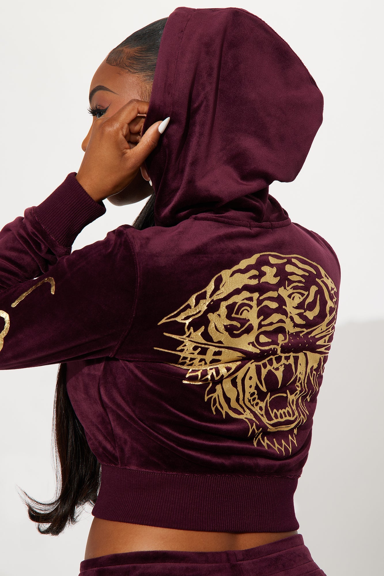 Ed Hardy Gold Tiger Velour Pant Set - Burgundy