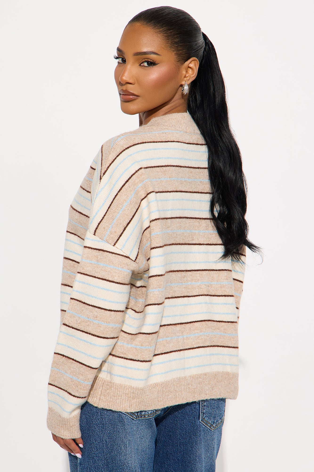 Feeling Striped V Neck Pullover Sweater - Taupe/combo