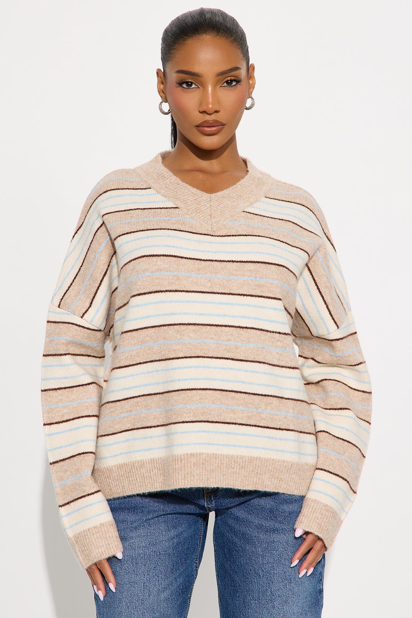 Feeling Striped V Neck Pullover Sweater - Taupe/combo