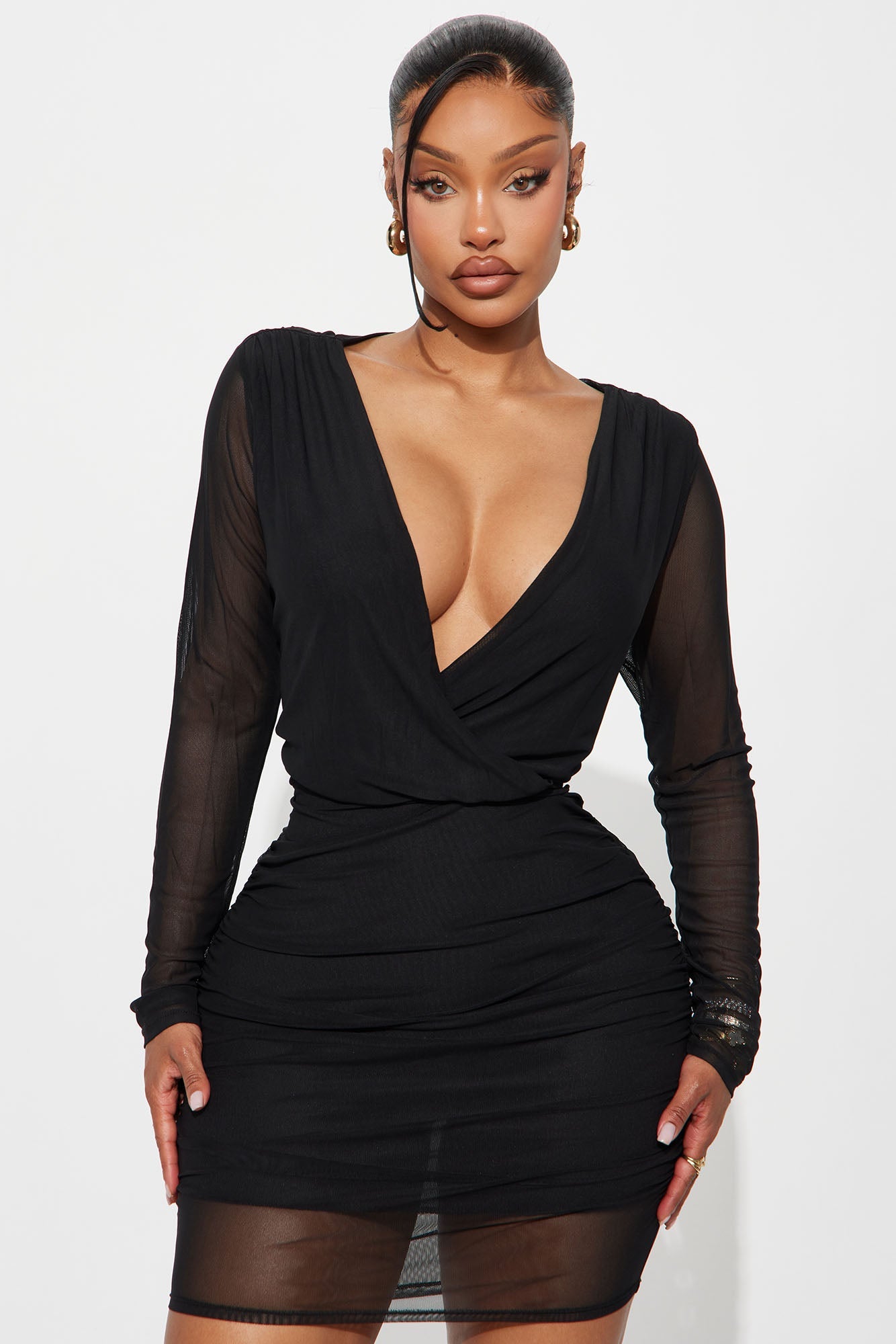 Romy Ruched Mesh Mini Dress - Black