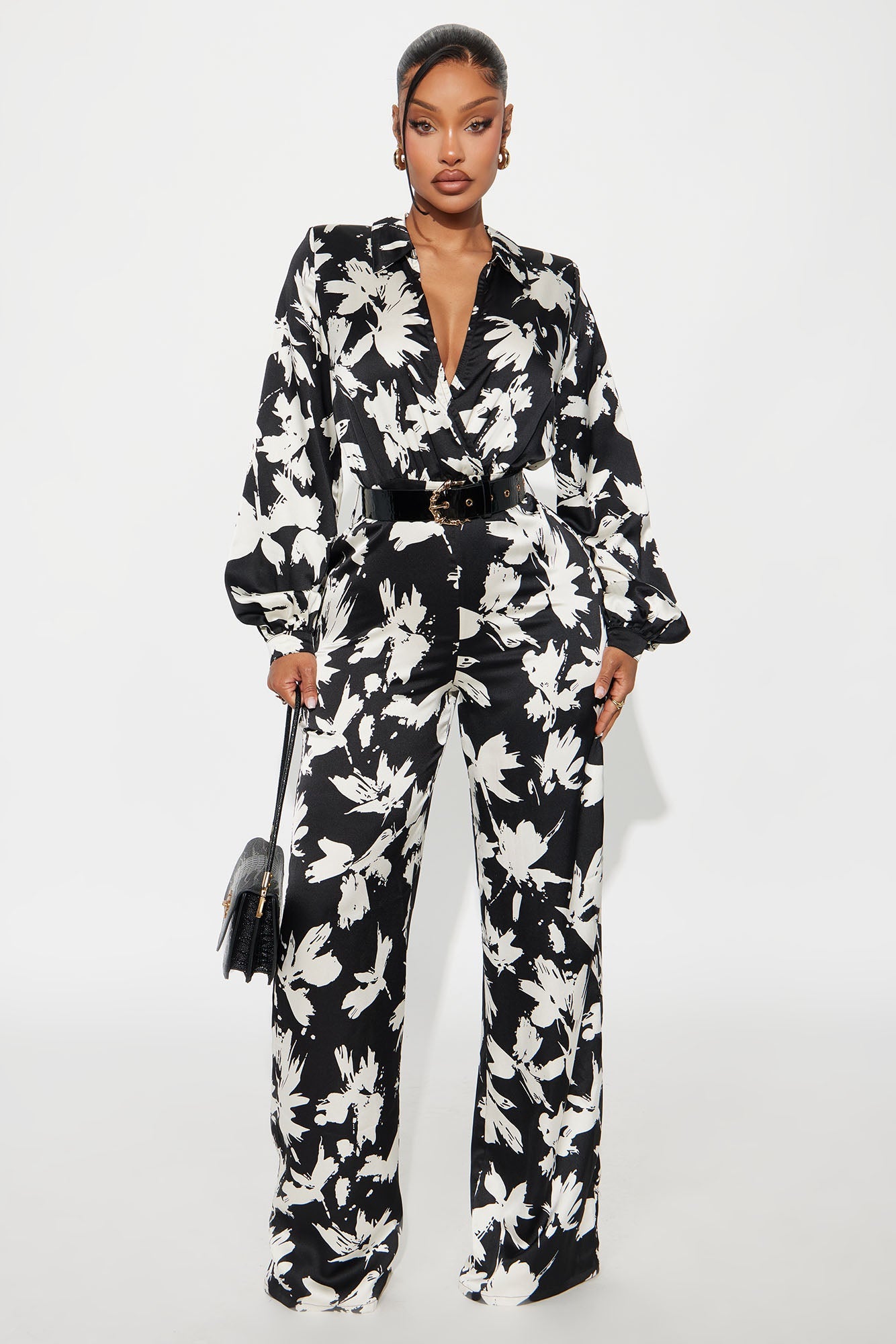 Nohely Satin Belted Jumpsuit - Black/White