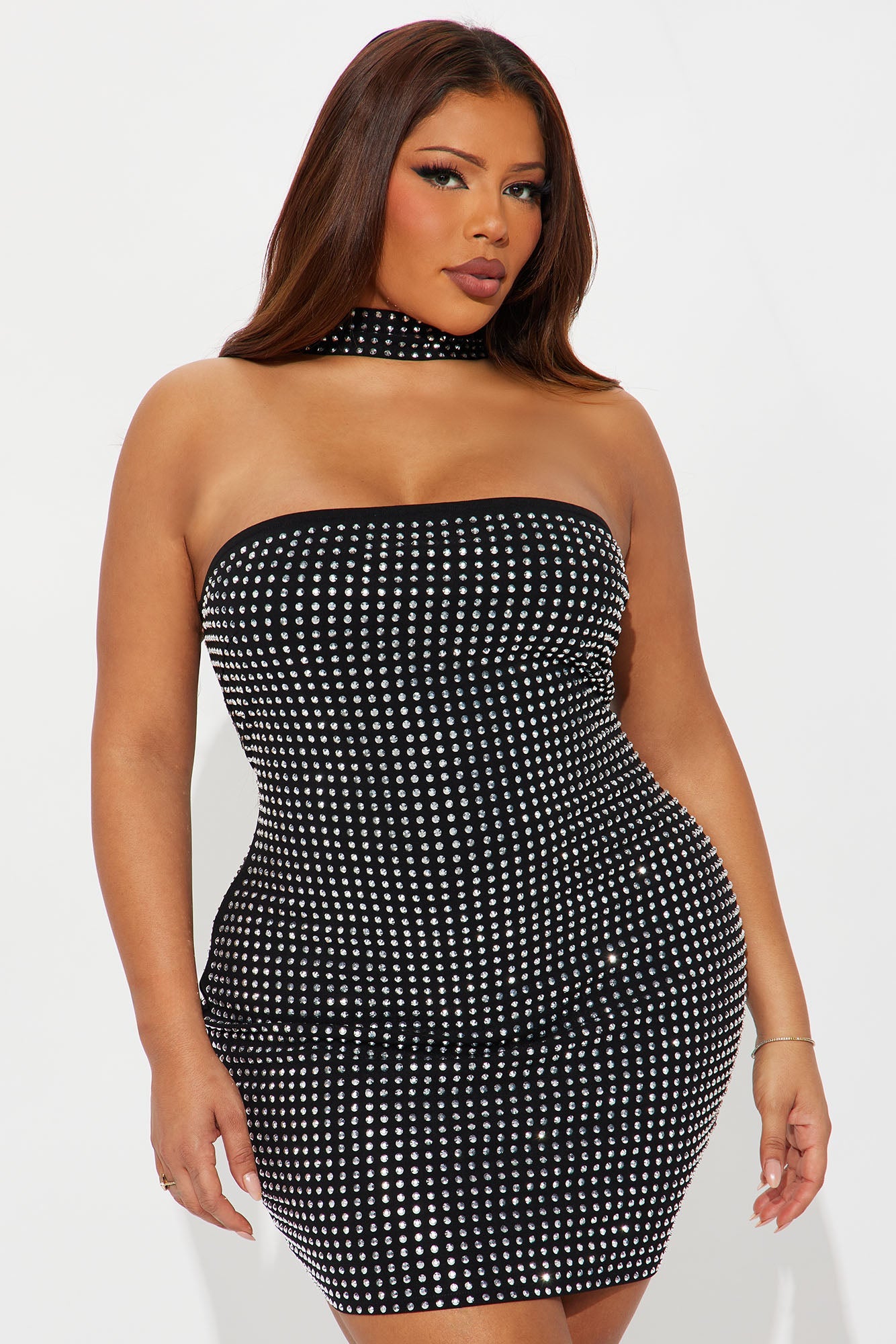 Leila Rhinestone Mini Dress - Black