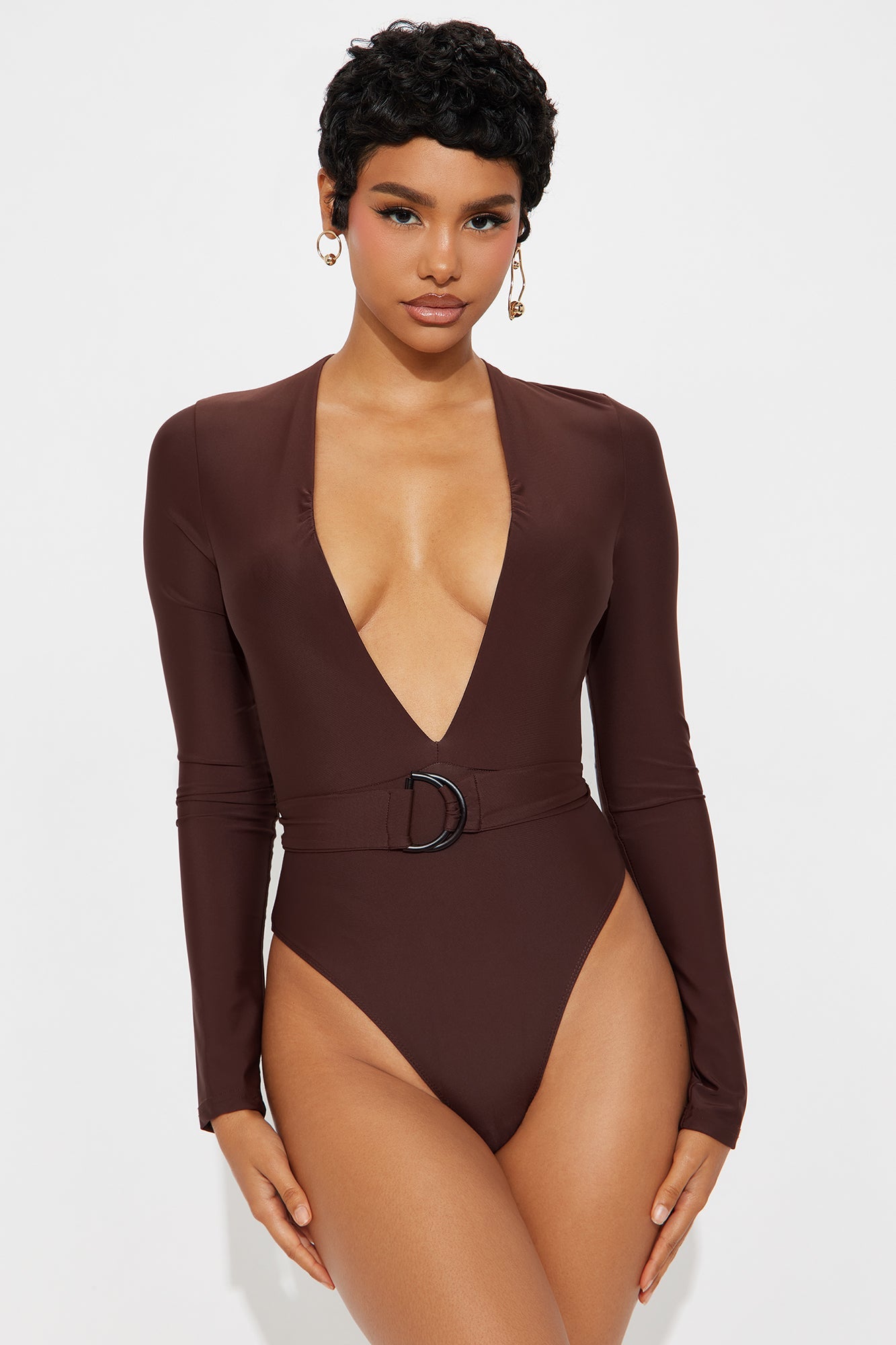 City Skeptic Deep V Neck Long Sleeve Bodysuit - Brown