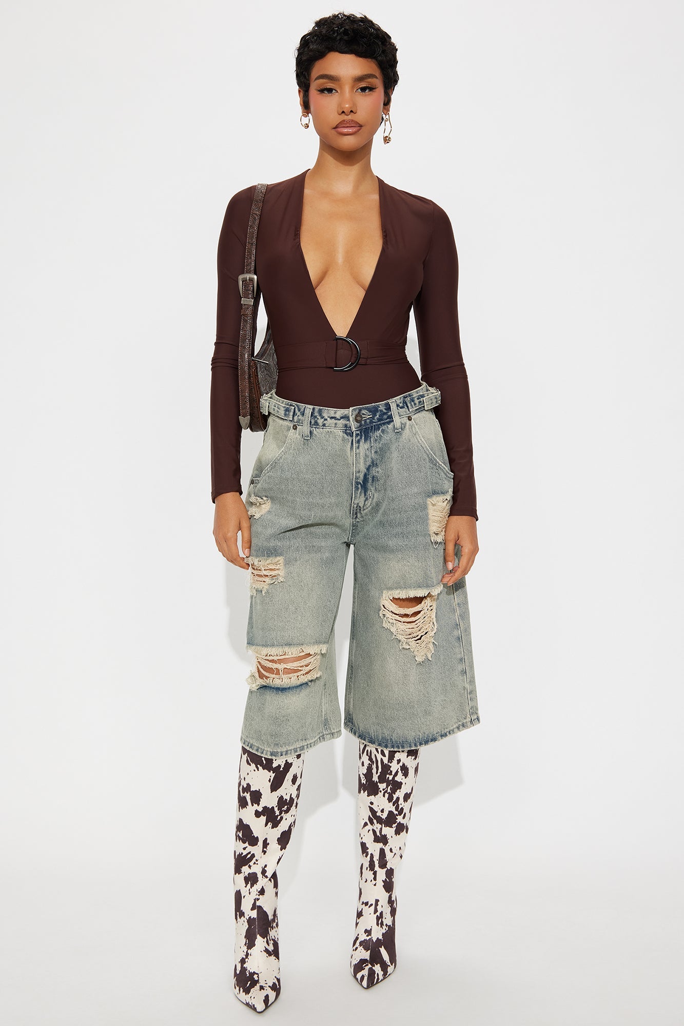 City Skeptic Deep V Neck Long Sleeve Bodysuit - Brown
