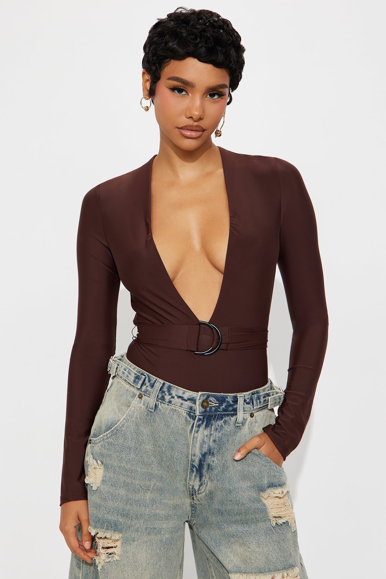 City Skeptic Deep V Neck Long Sleeve Bodysuit - Brown