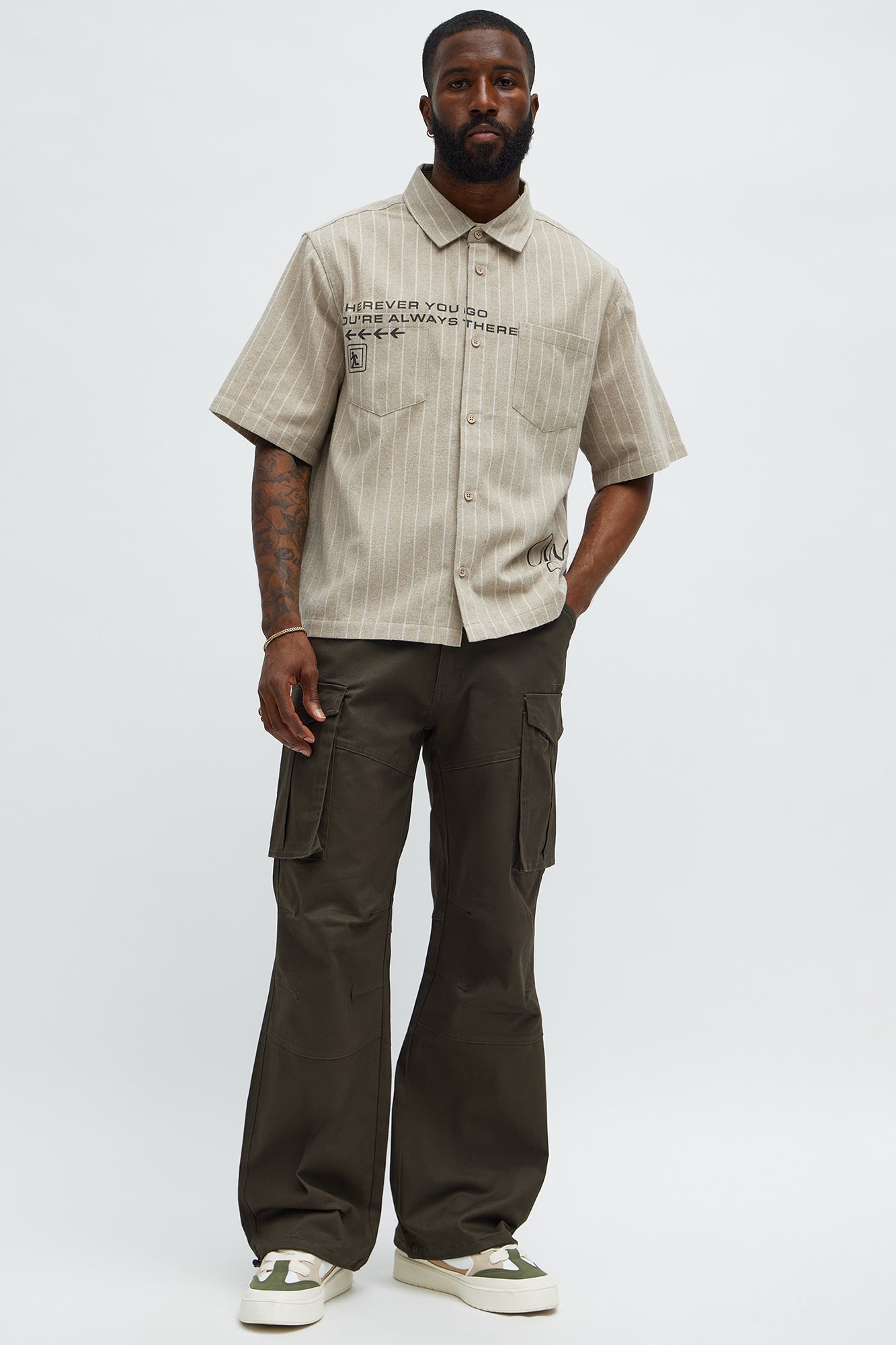 Worldwide Striped Cropped Button Up Shirt - Stone