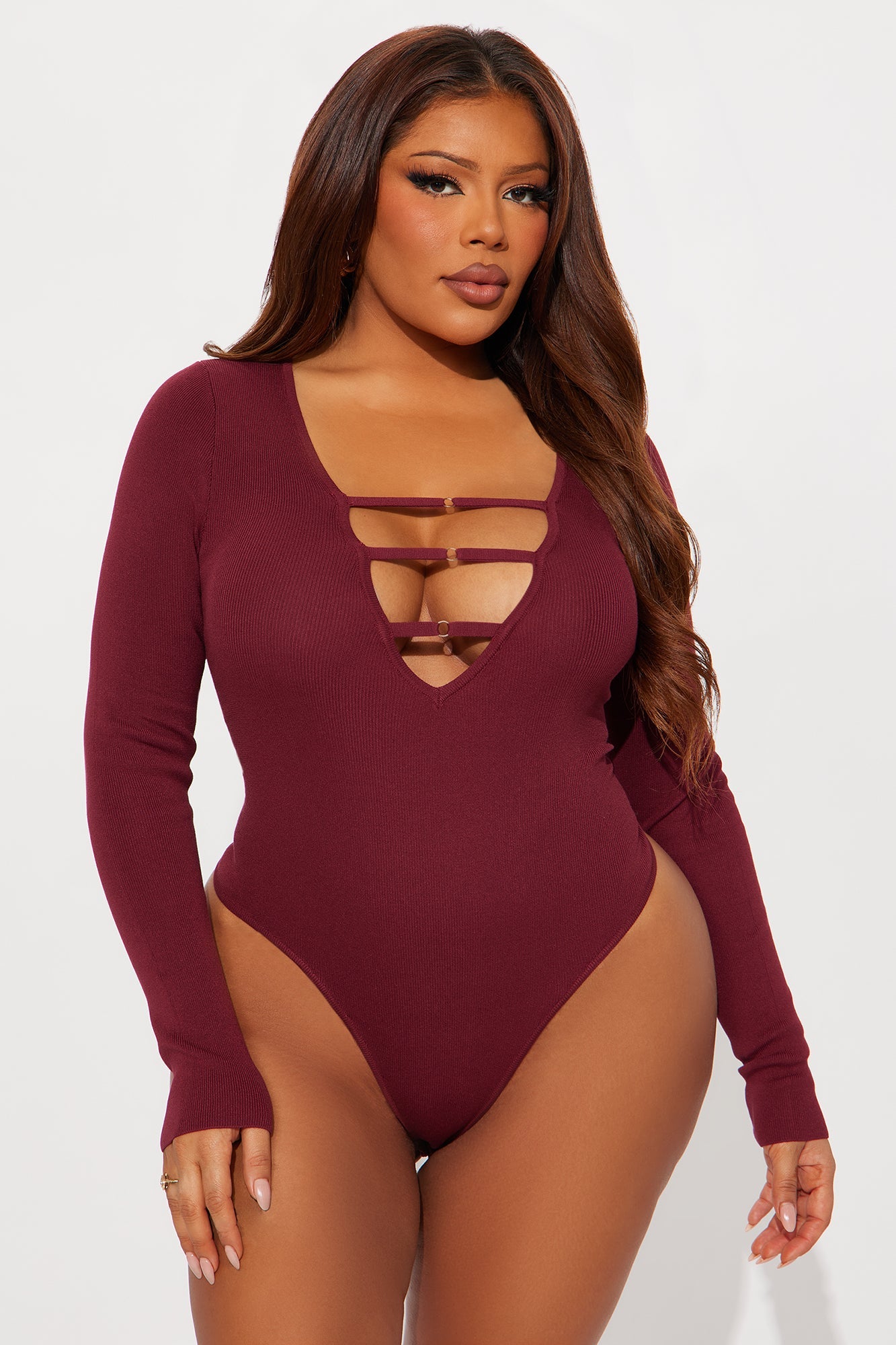 Jessi Cut Out Sweater Bodysuit - Burgundy