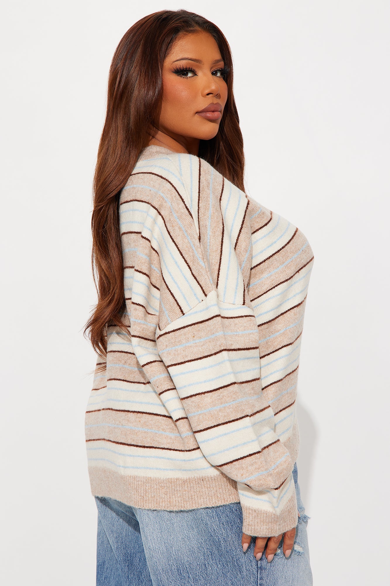 Feeling Striped V Neck Pullover Sweater - Taupe/combo