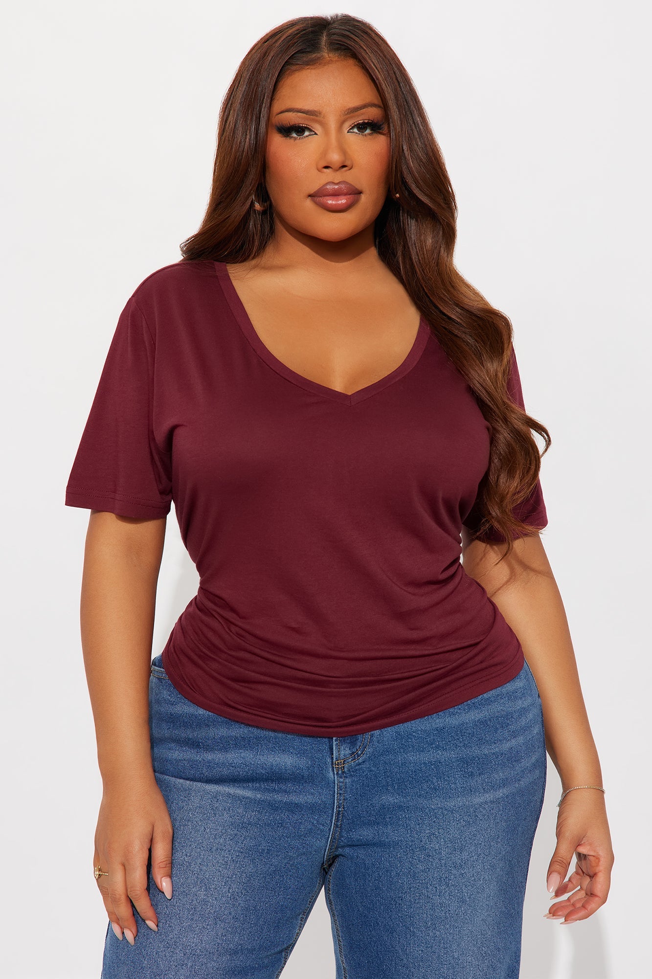 Ava V-Neck Tee - Burgundy