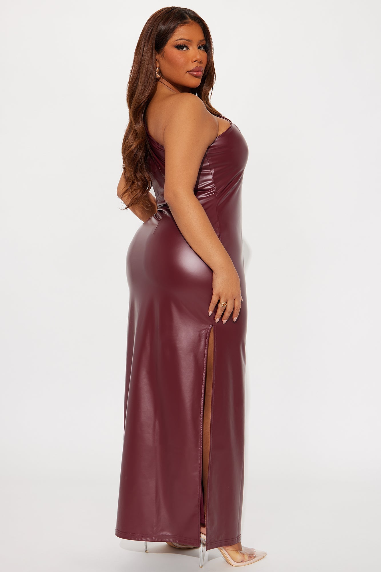Conna Faux Leather One Shoulder Maxi Dress - Wine