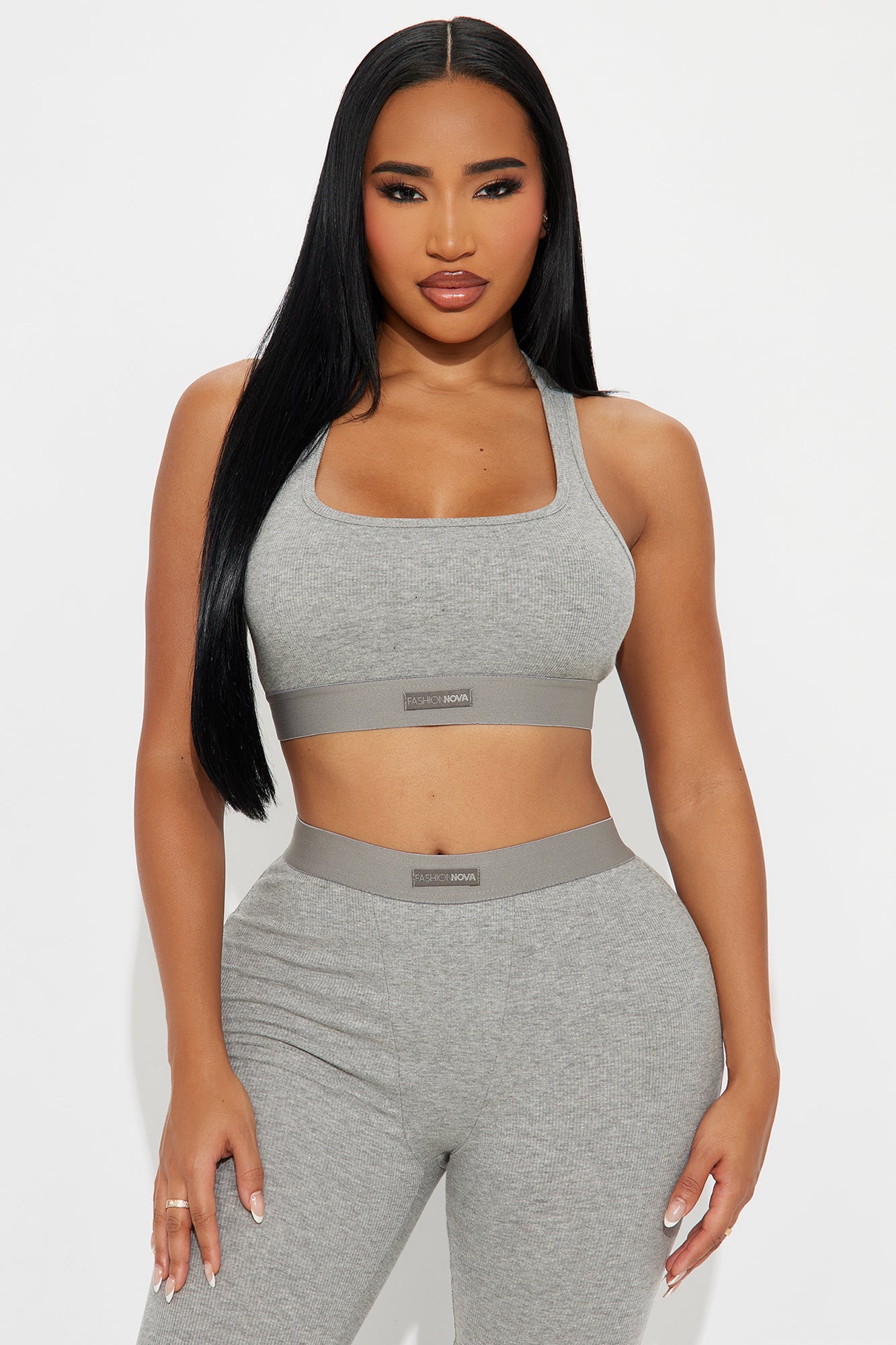 FN Mood Racerback Bra And Legging 2 Piece Ribbed Cotton Set - Heather Grey
