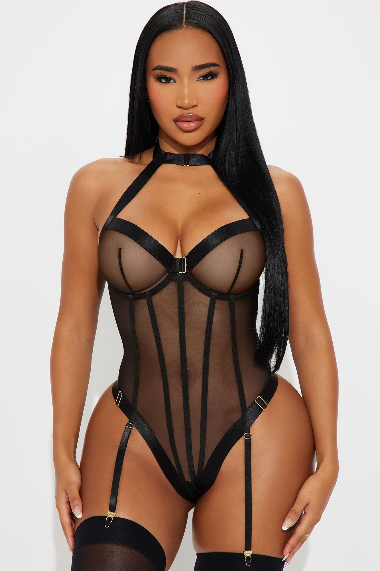 Lost My Breathe Mesh Teddy Thong Bodysuit - Black
