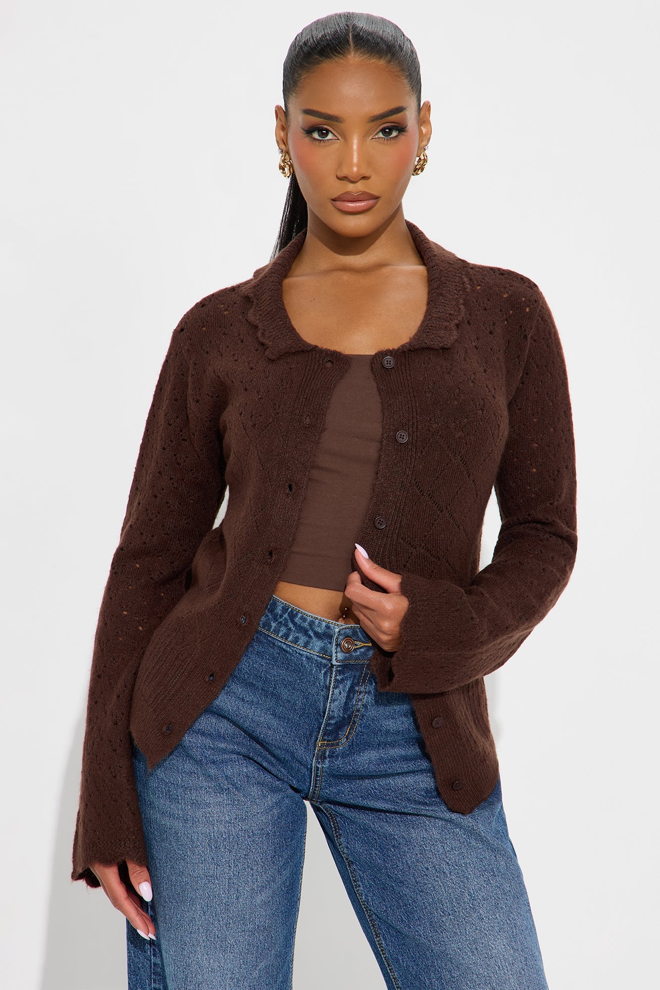 Not Interested Pointelle Cardigan - Chocolate
