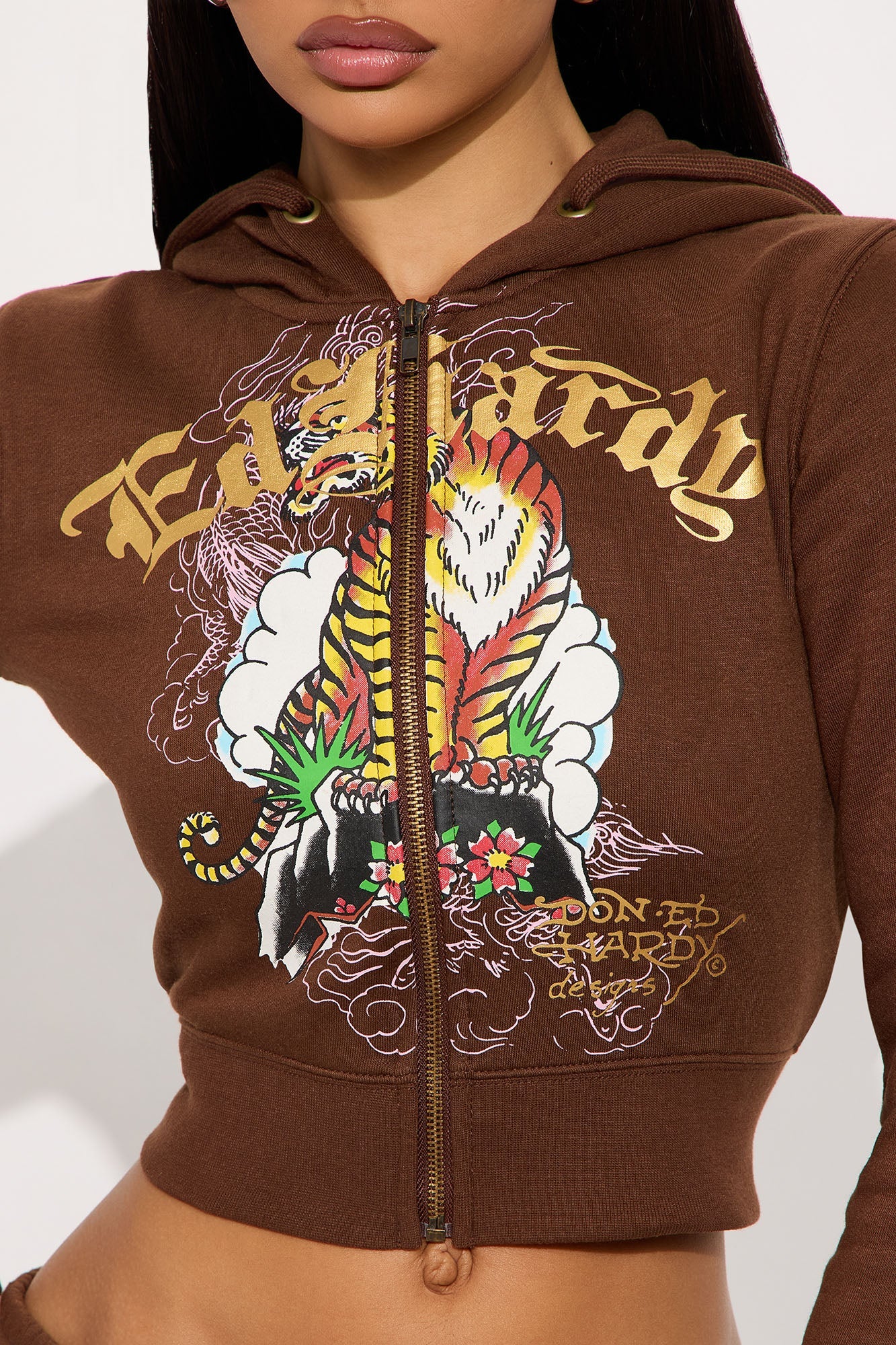 Ed Hardy Tiger Peak Zip Up Hoodie - Brown