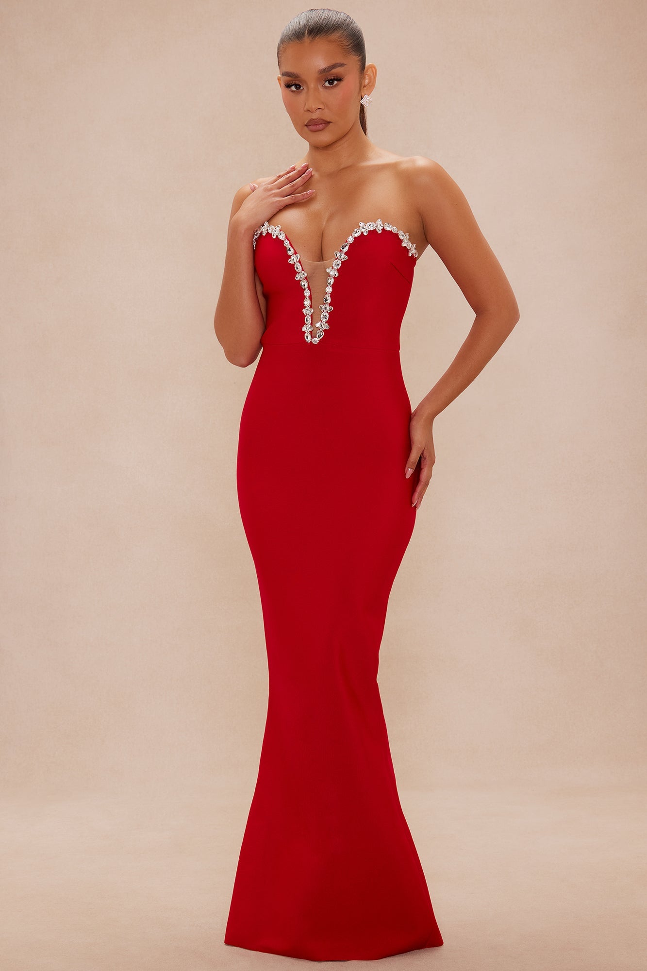 Odessa Embellished Bandage Gown - Red