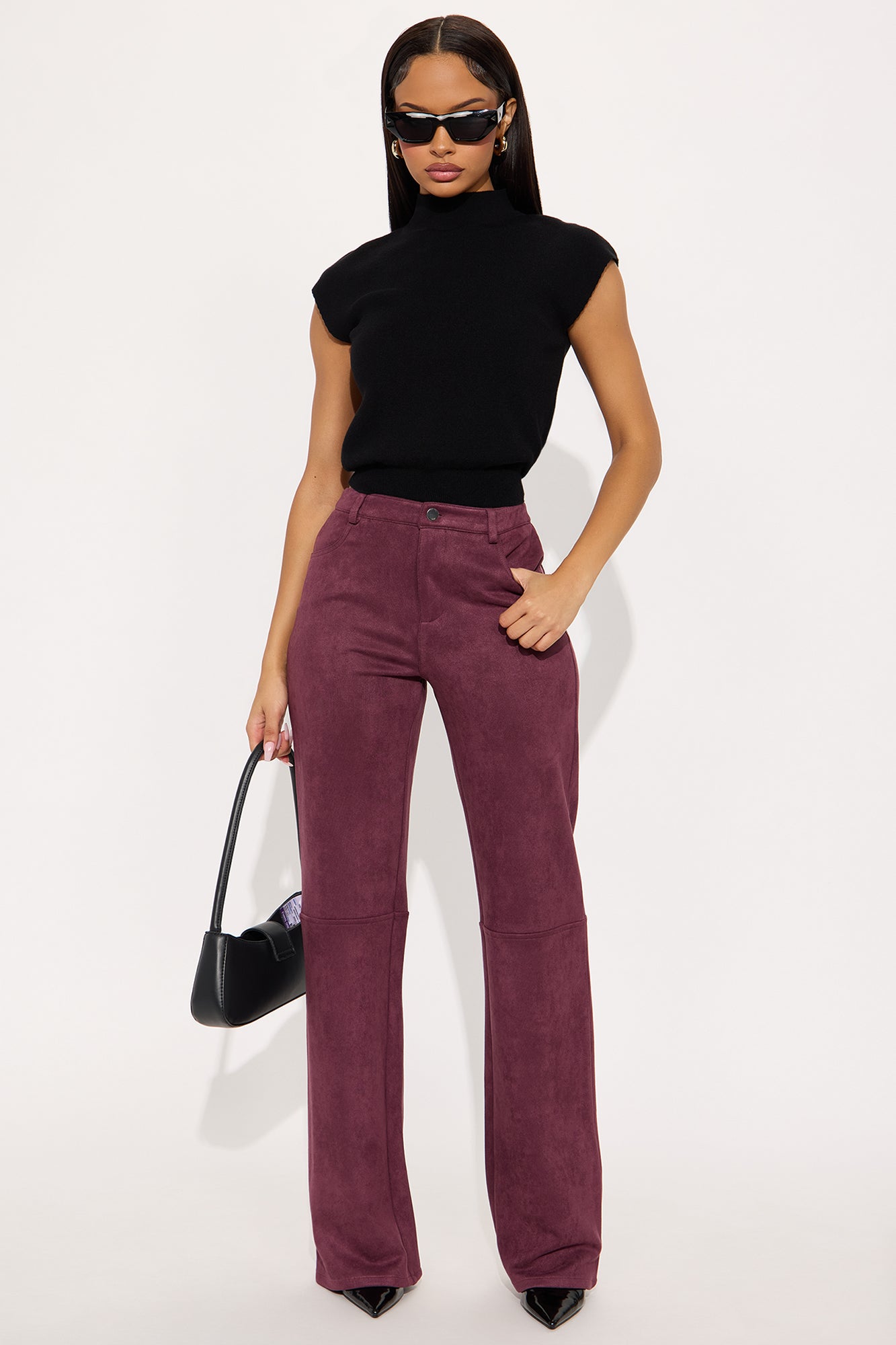 Gianna Faux Suede Wide Leg Pant - Wine