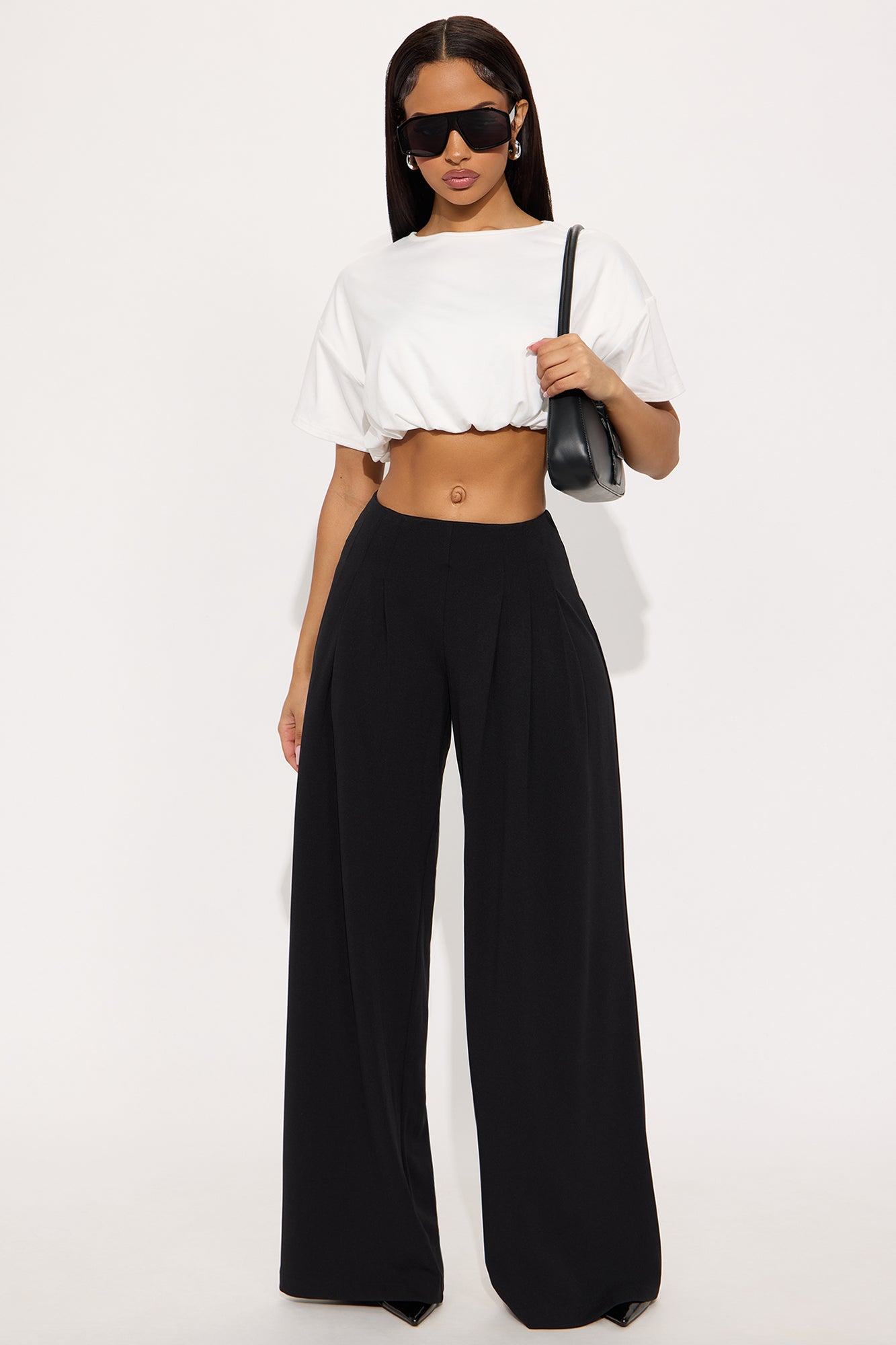 Brigitte Crepe Knit Wide Leg Pleated Pant 33″ - Black