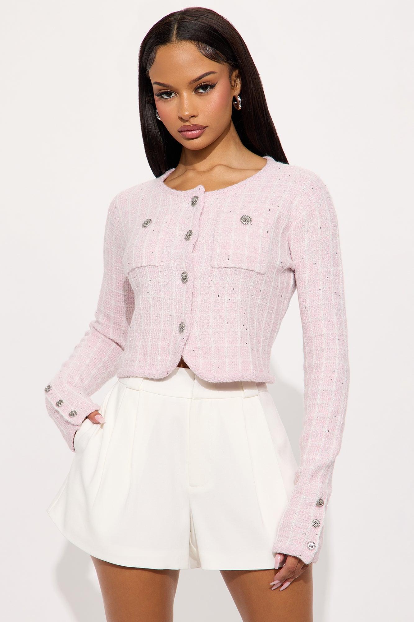 Seek Peace Checkered Hardware Cardigan - Pink/combo