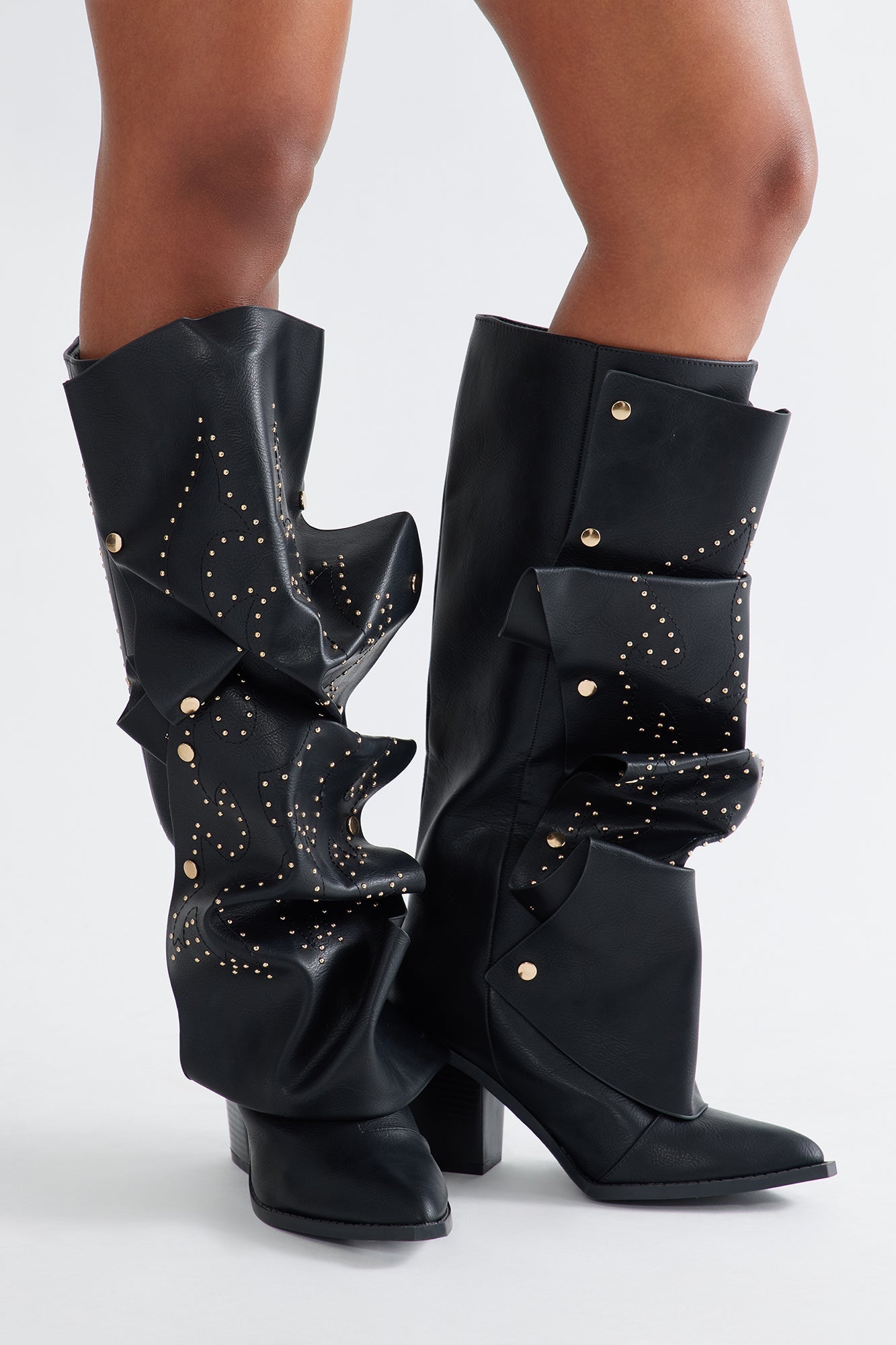 Armor Studded Knee High Boots - Black