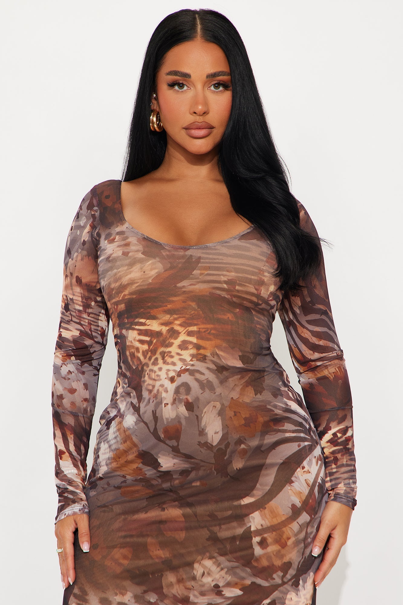 Joani Mesh Maxi Dress - Brown/combo