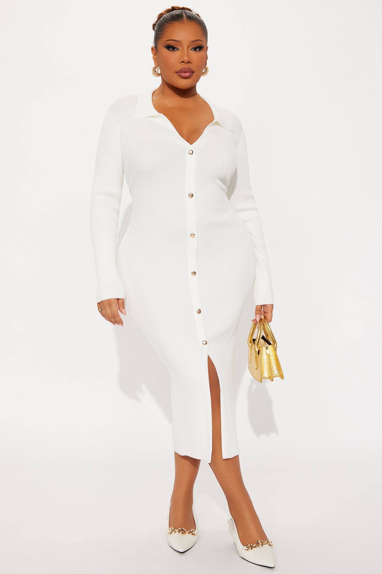 Jada Long Sleeve Ribbed Midi Dress - White