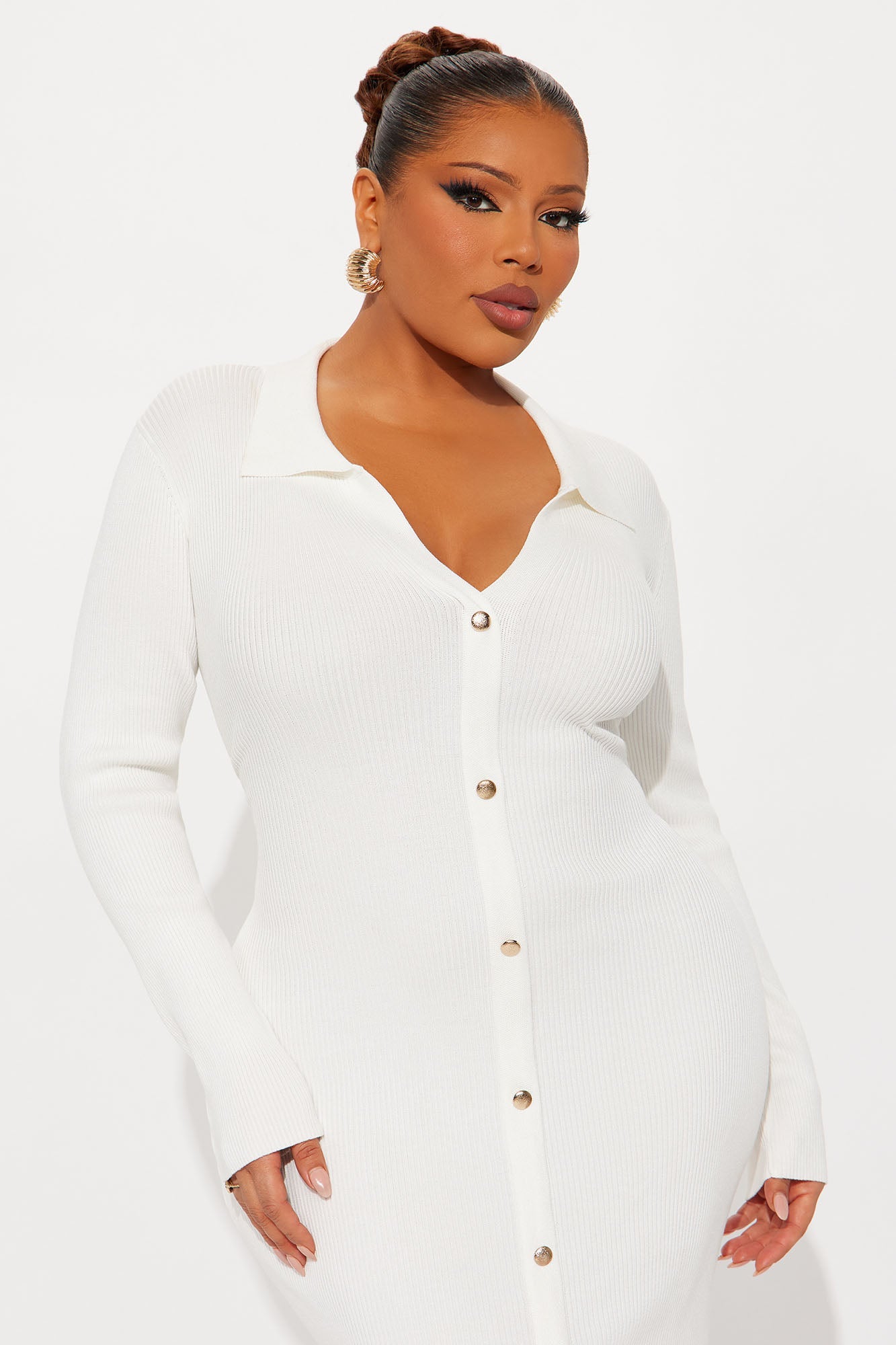 Jada Long Sleeve Ribbed Midi Dress - White