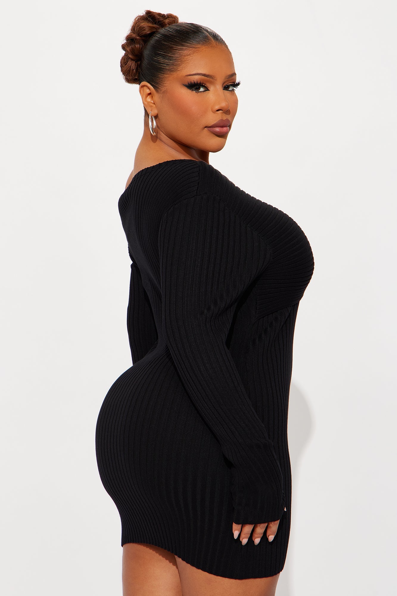 Nahla Long Sleeve Ribbed Mini Dress - Black