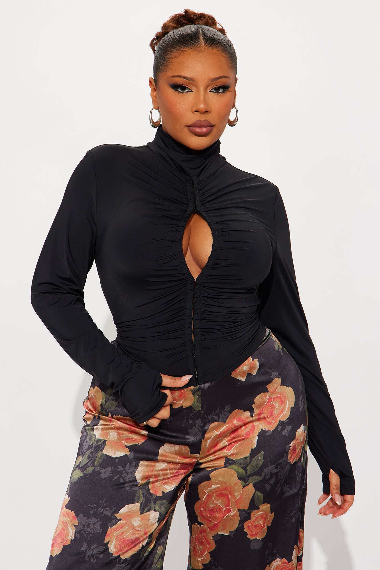 Honeymoon Trip Ruched Long Sleeve Top - Black