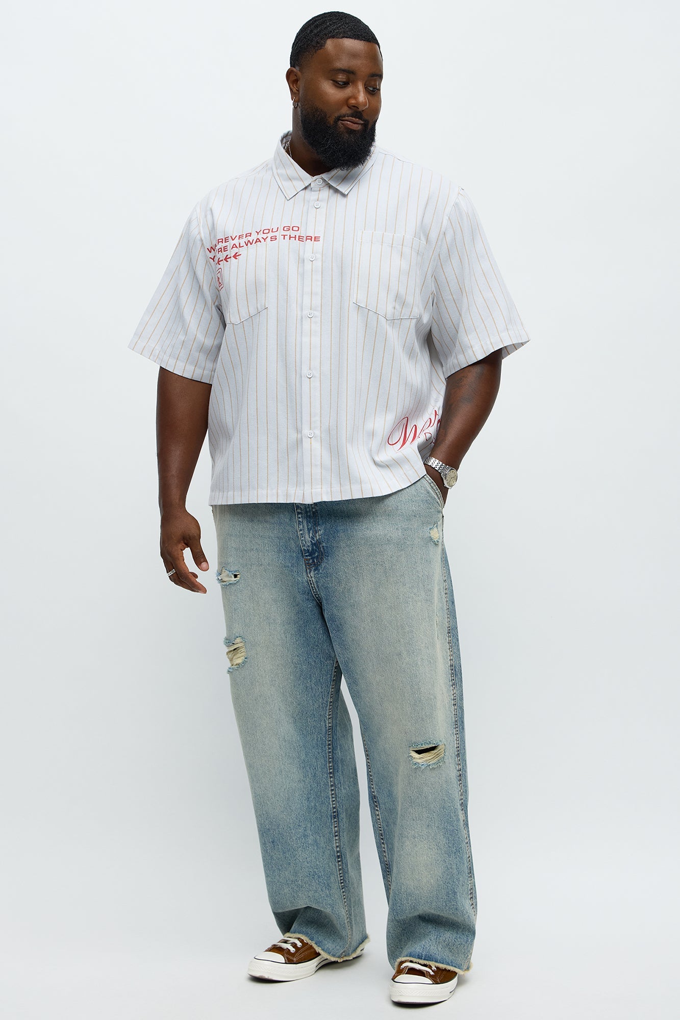 Worldwide Striped Cropped Button Up Shirt - White