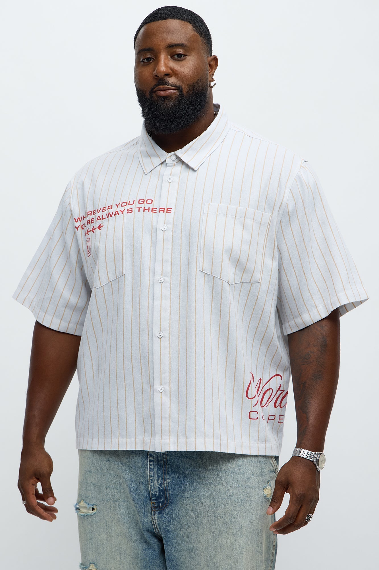 Worldwide Striped Cropped Button Up Shirt - White