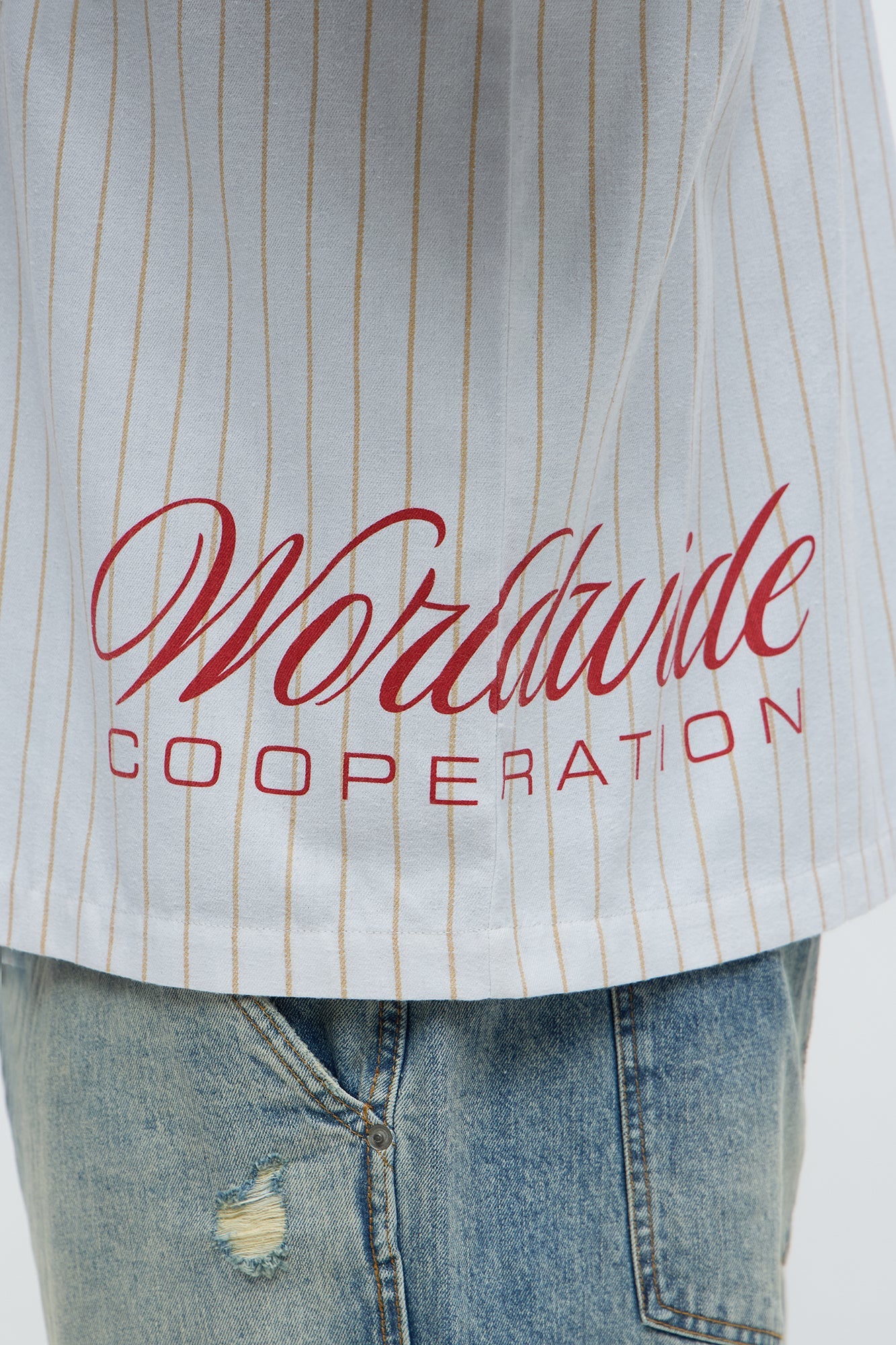 Worldwide Striped Cropped Button Up Shirt - White