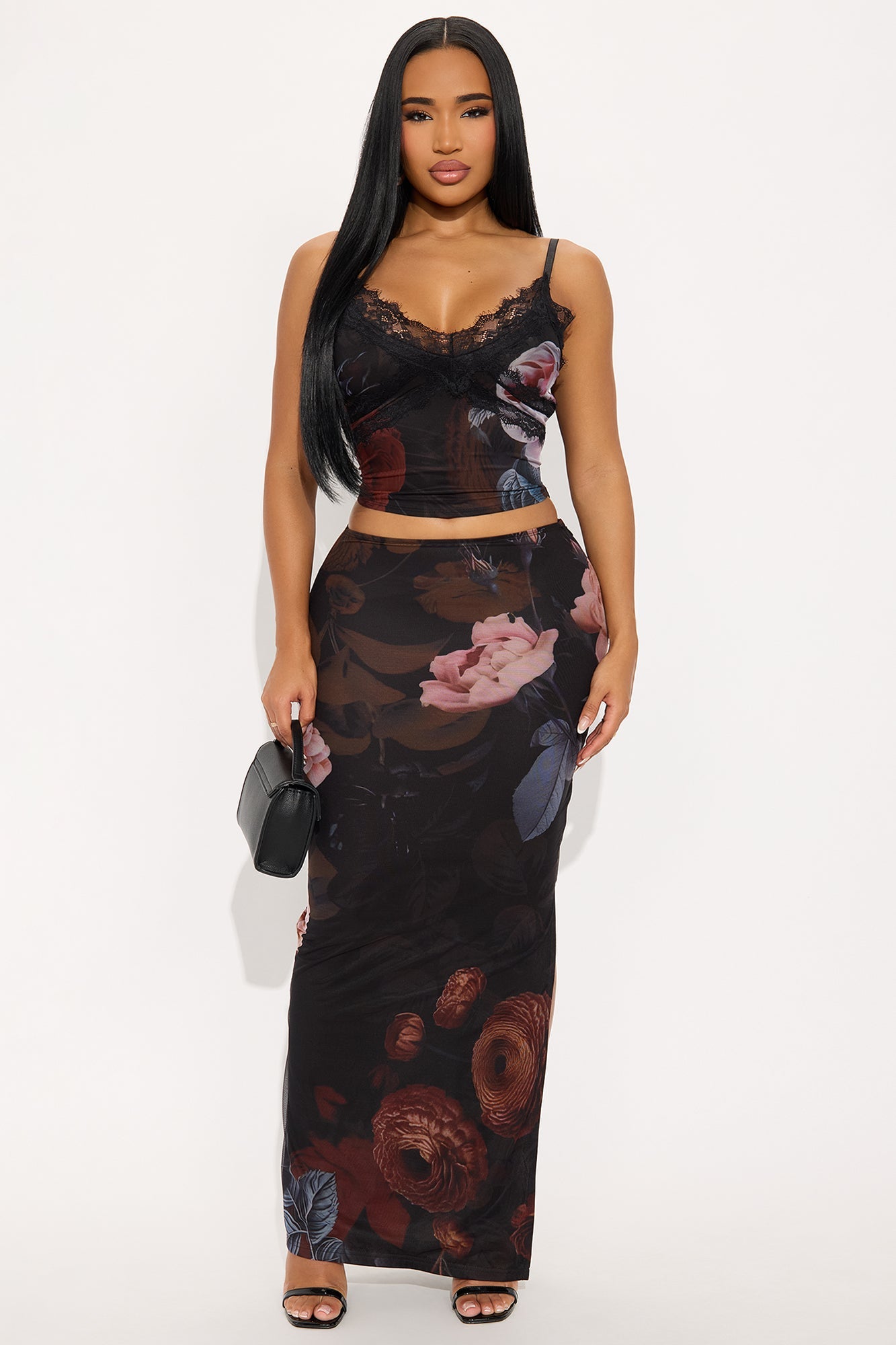 Lena Floral Mesh Maxi Skirt Set - Black/combo