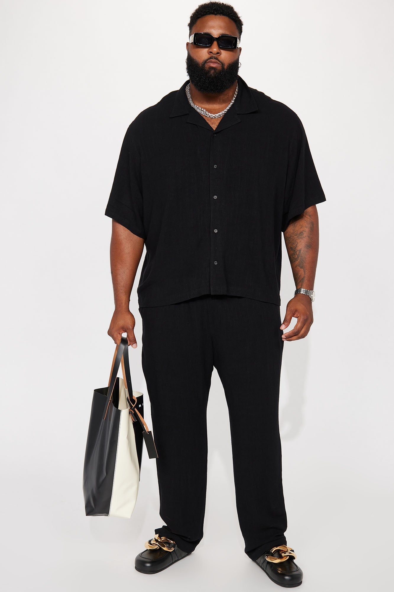 Solid Textured Linen Pull On Side Slit Pants - Black