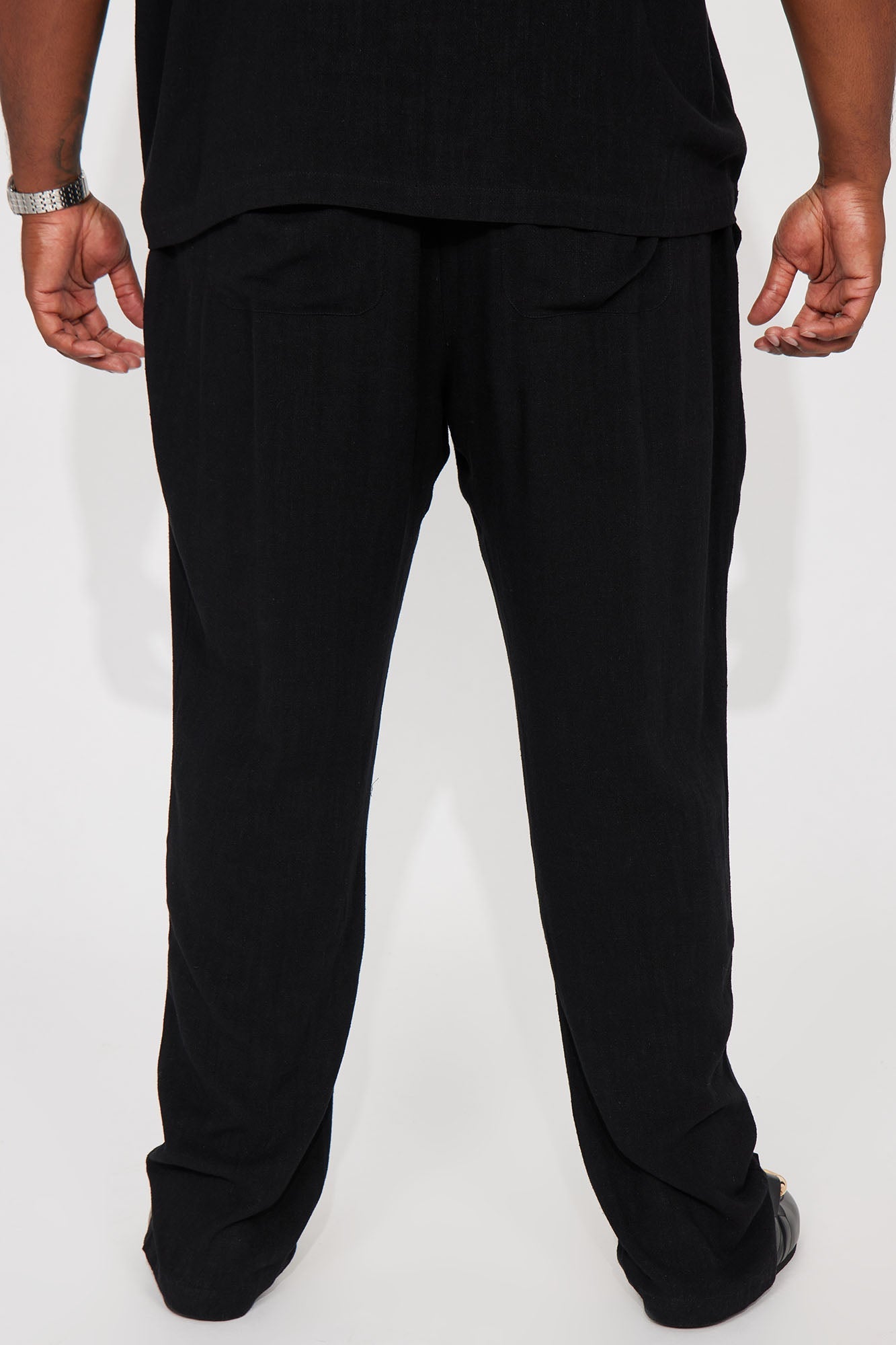Solid Textured Linen Pull On Side Slit Pants - Black
