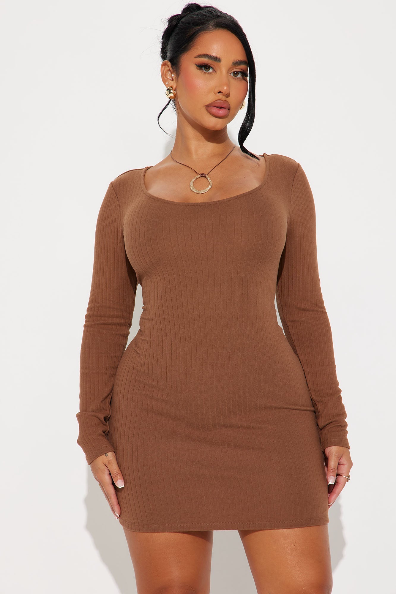 Ony Ribbed Bodycon Mini Dress - Chestnut