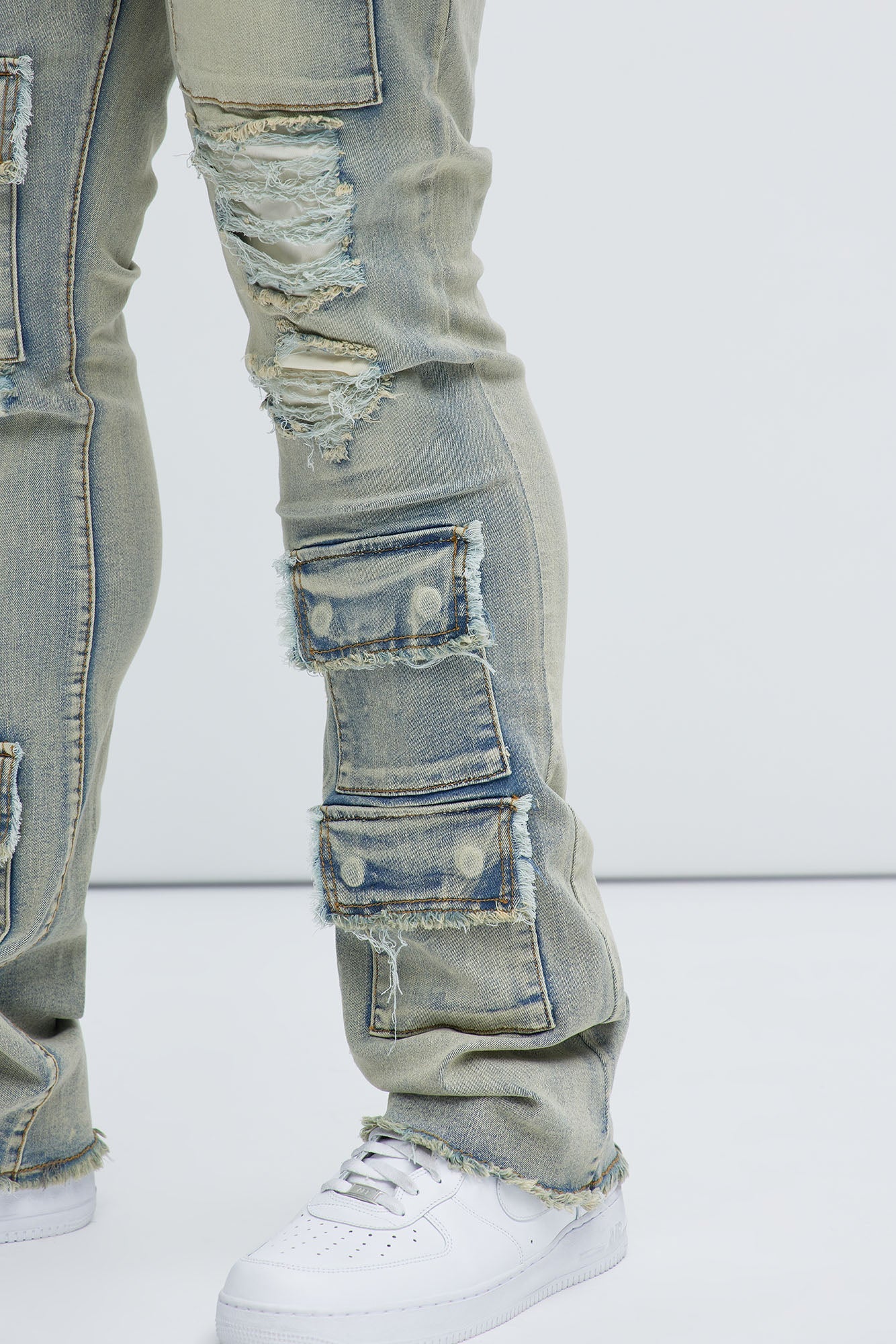 Get Started Cargo Stacked Skinny Flare Jeans - Medium Wash