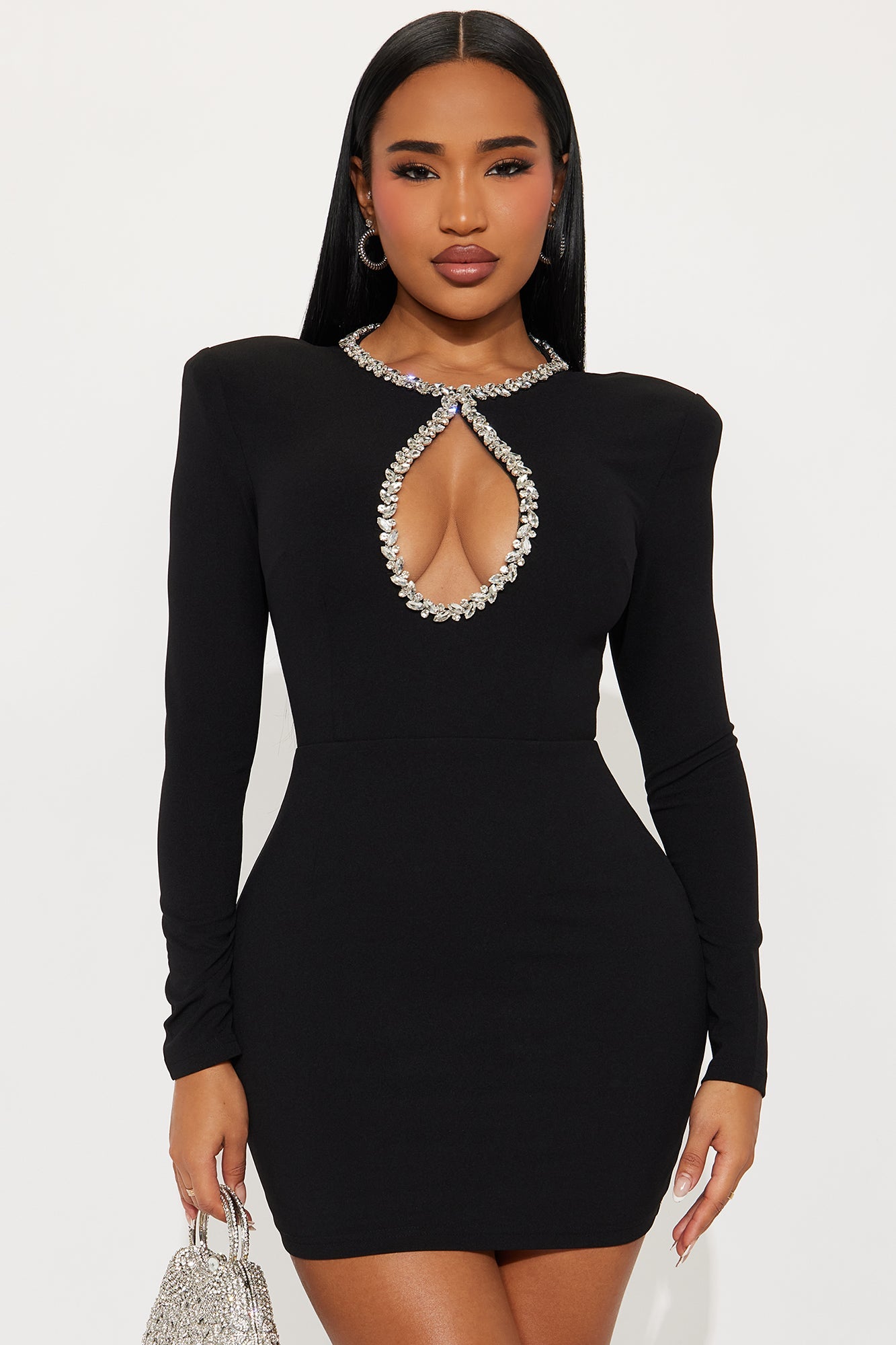 Noah Long Sleeve Rhinestone Mini Dress - Black