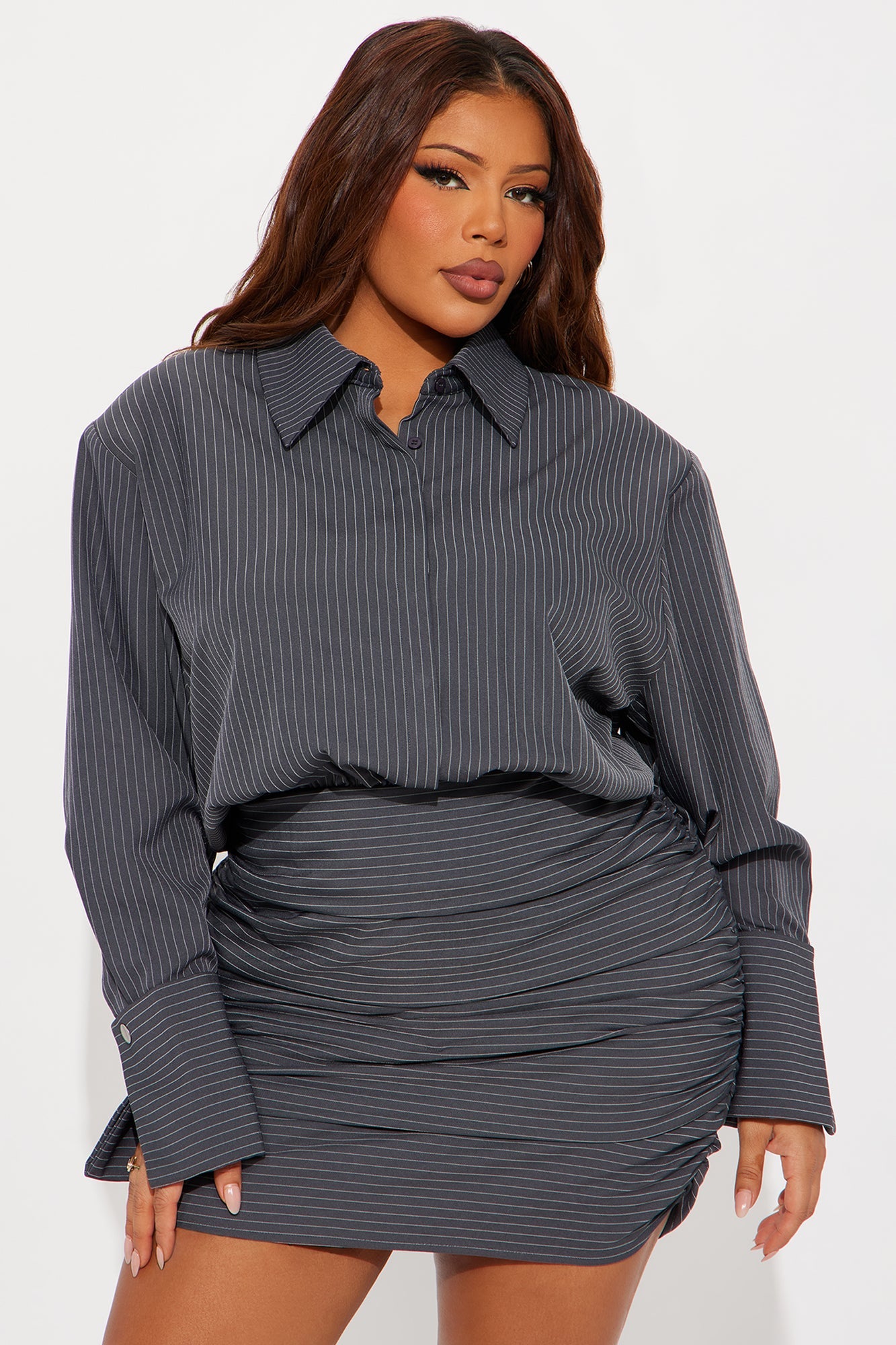 Lara Pinstripe Shirt Mini Dress - Grey