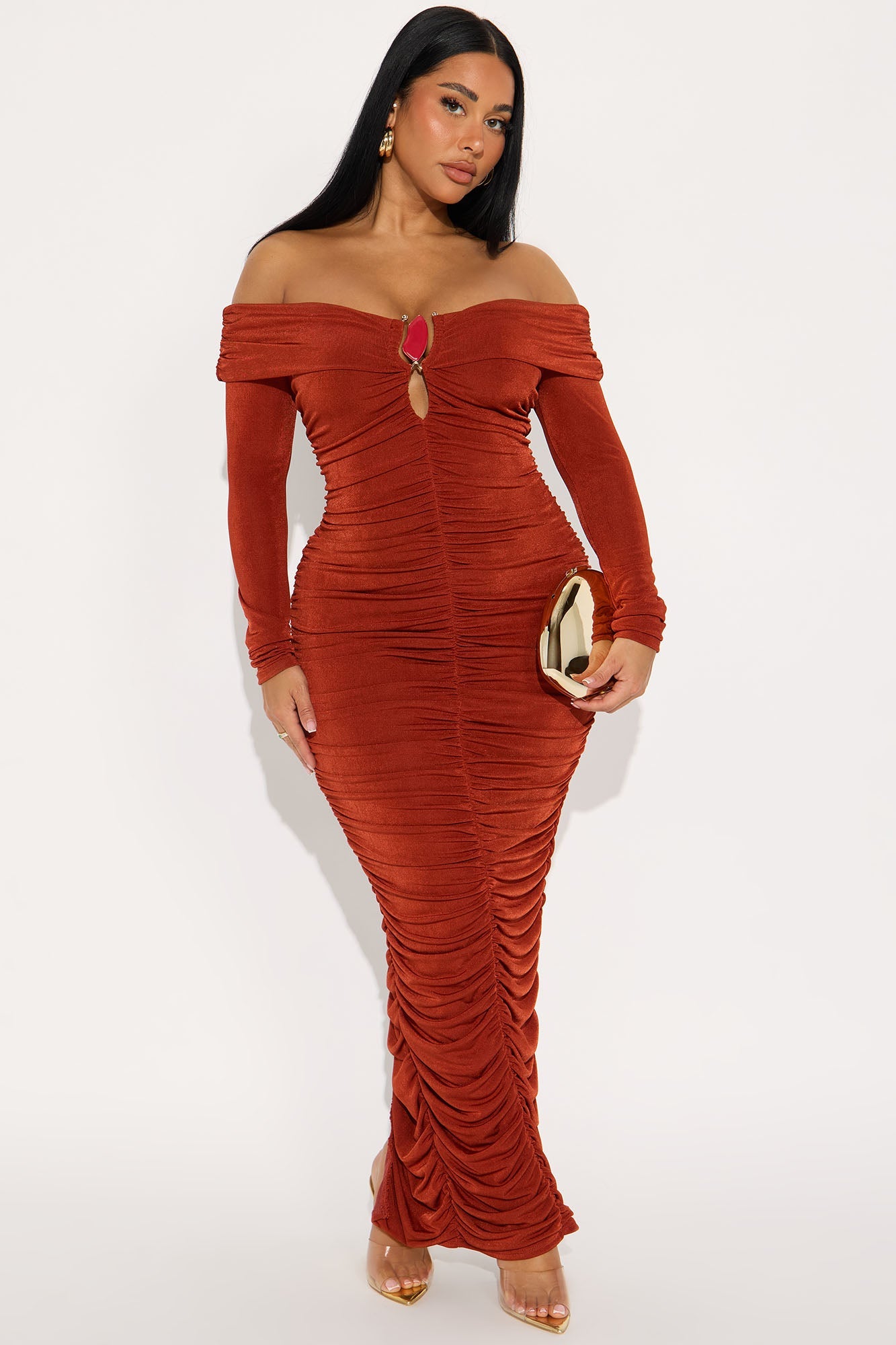 Trina Off Shoulder Ruched Maxi Dress - Rust