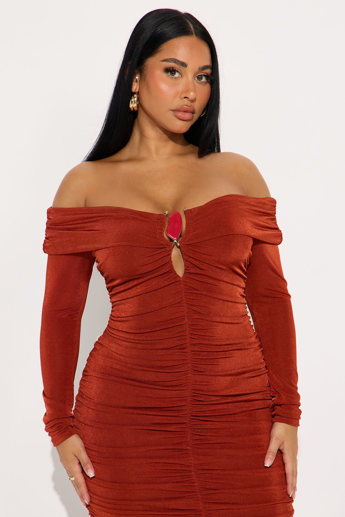 Trina Off Shoulder Ruched Maxi Dress - Rust