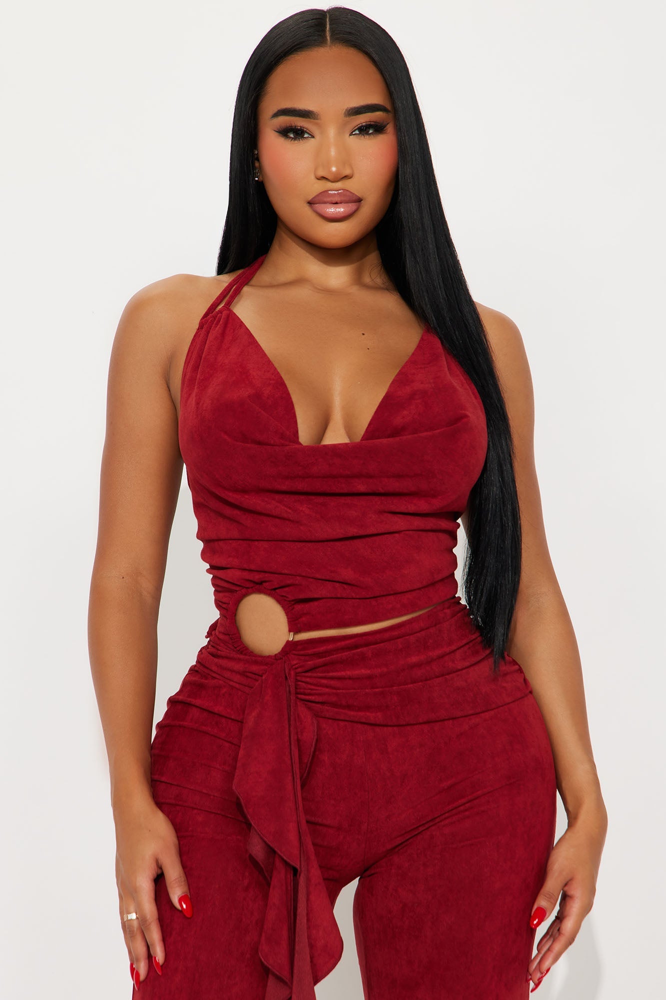 Mariana Faux Suede Halter Jumpsuit - Burgundy
